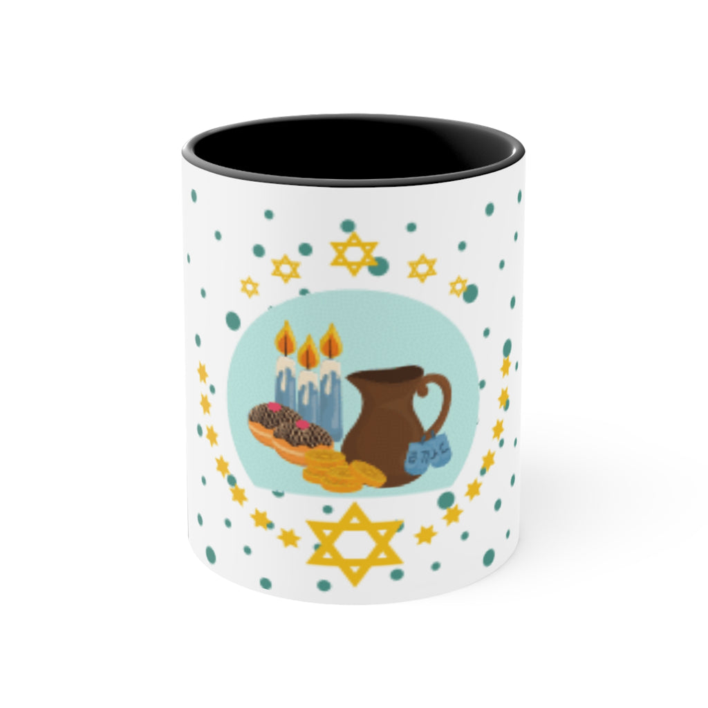 Hanukkah Mug — Menorah, Dreidels & Sufganiyot Accent 11oz