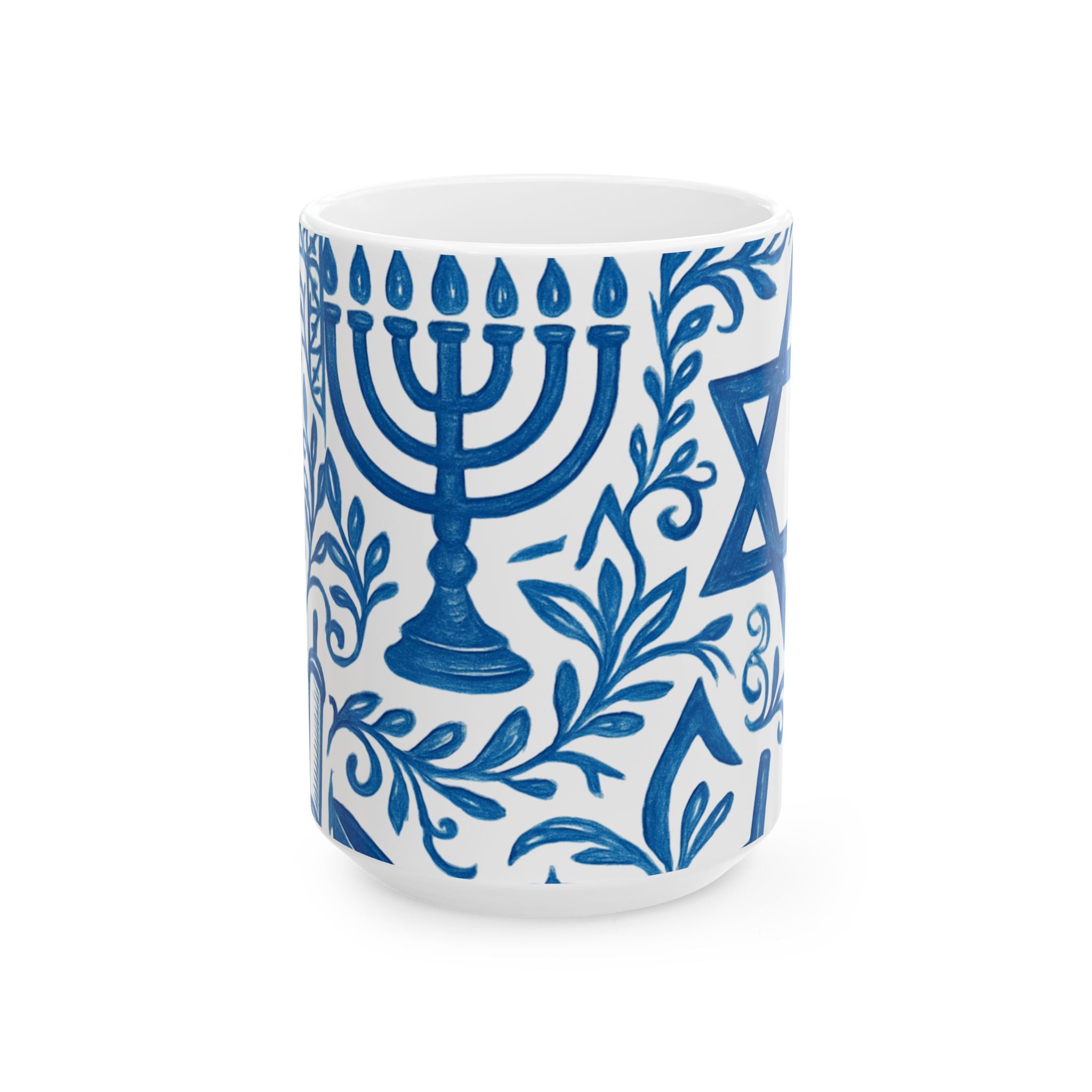 White mug with blue Menorah and Star of David pattern on a white background