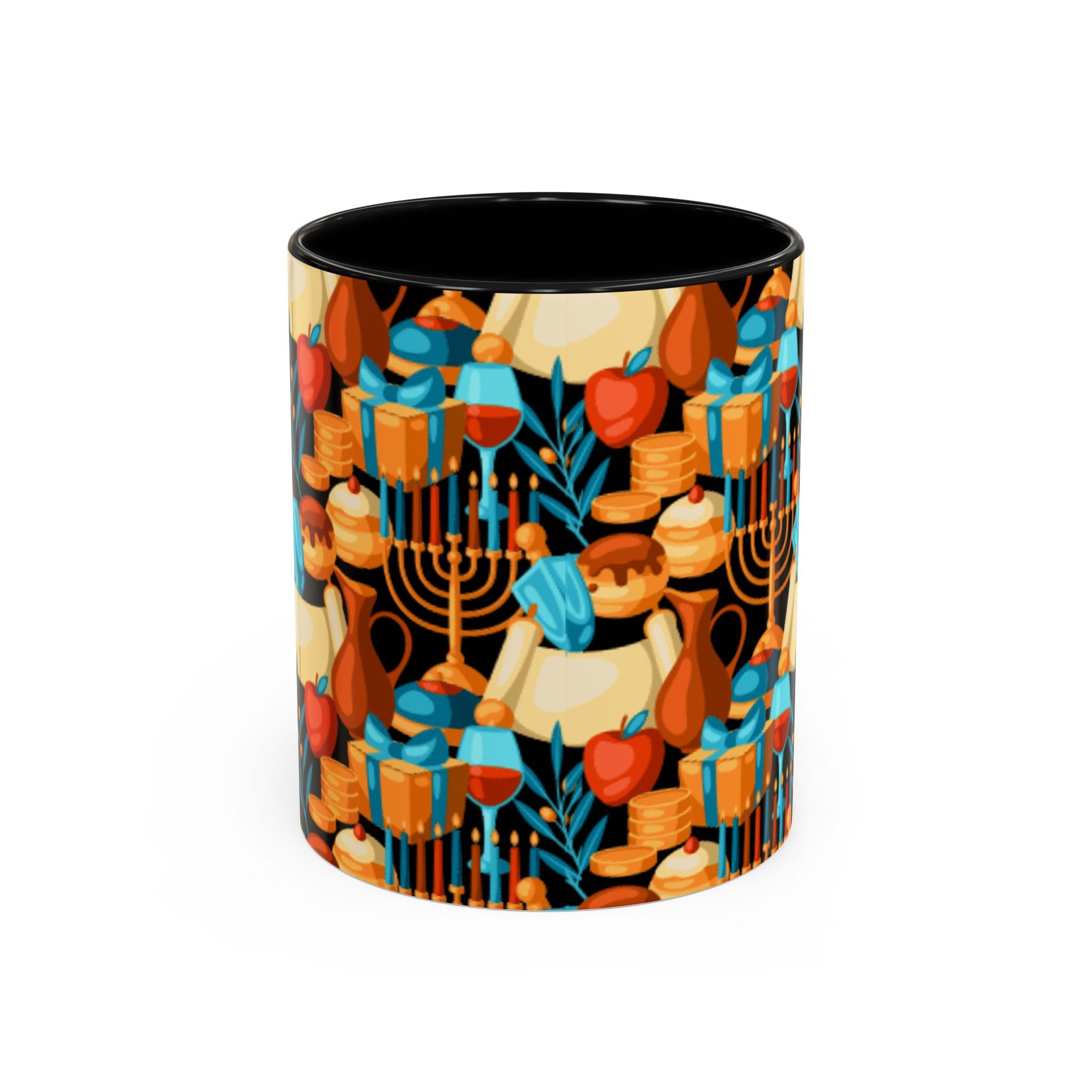 Hanukkah Pattern Accent Coffee Mug — Menorah, Dreidel & Sufganiyot Holiday Design (11/15oz)