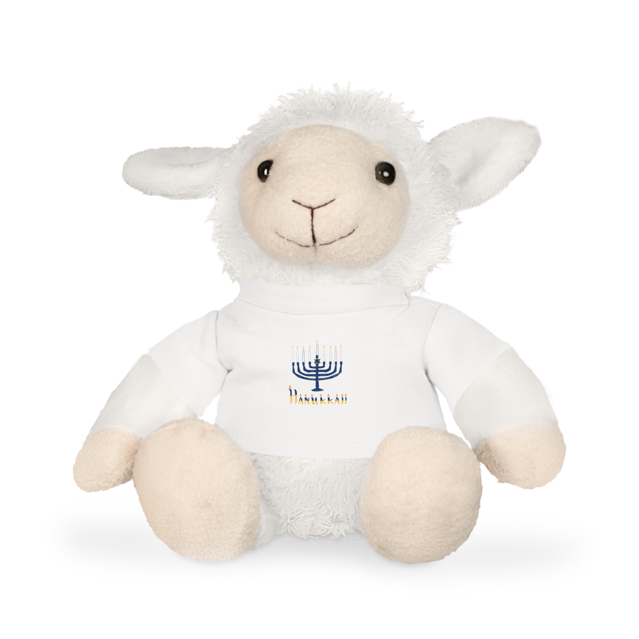 White plush lamb toy with a Menorah on a white background
