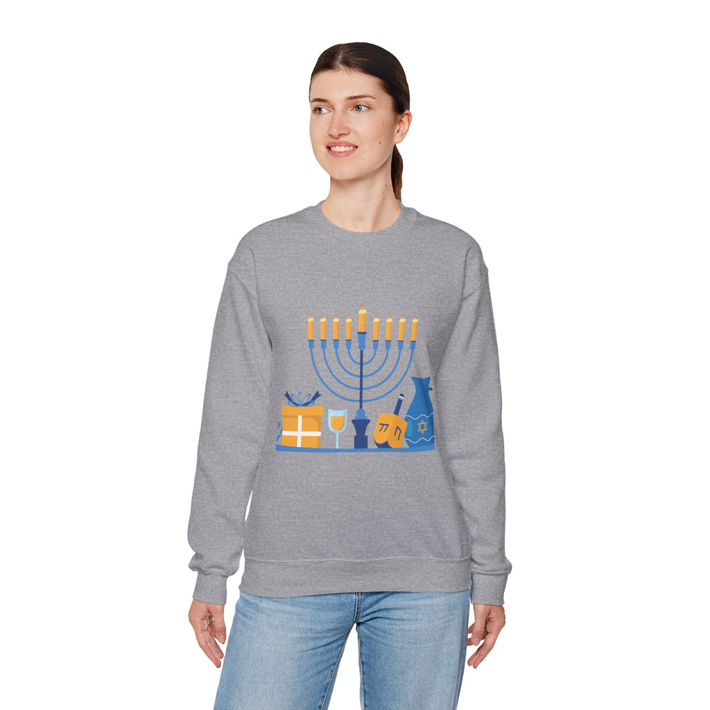 Hanukkah Crewneck Sweatshirt — Menorah, Dreidel & ‘Happy Hanukkah’ Holiday Sweater
