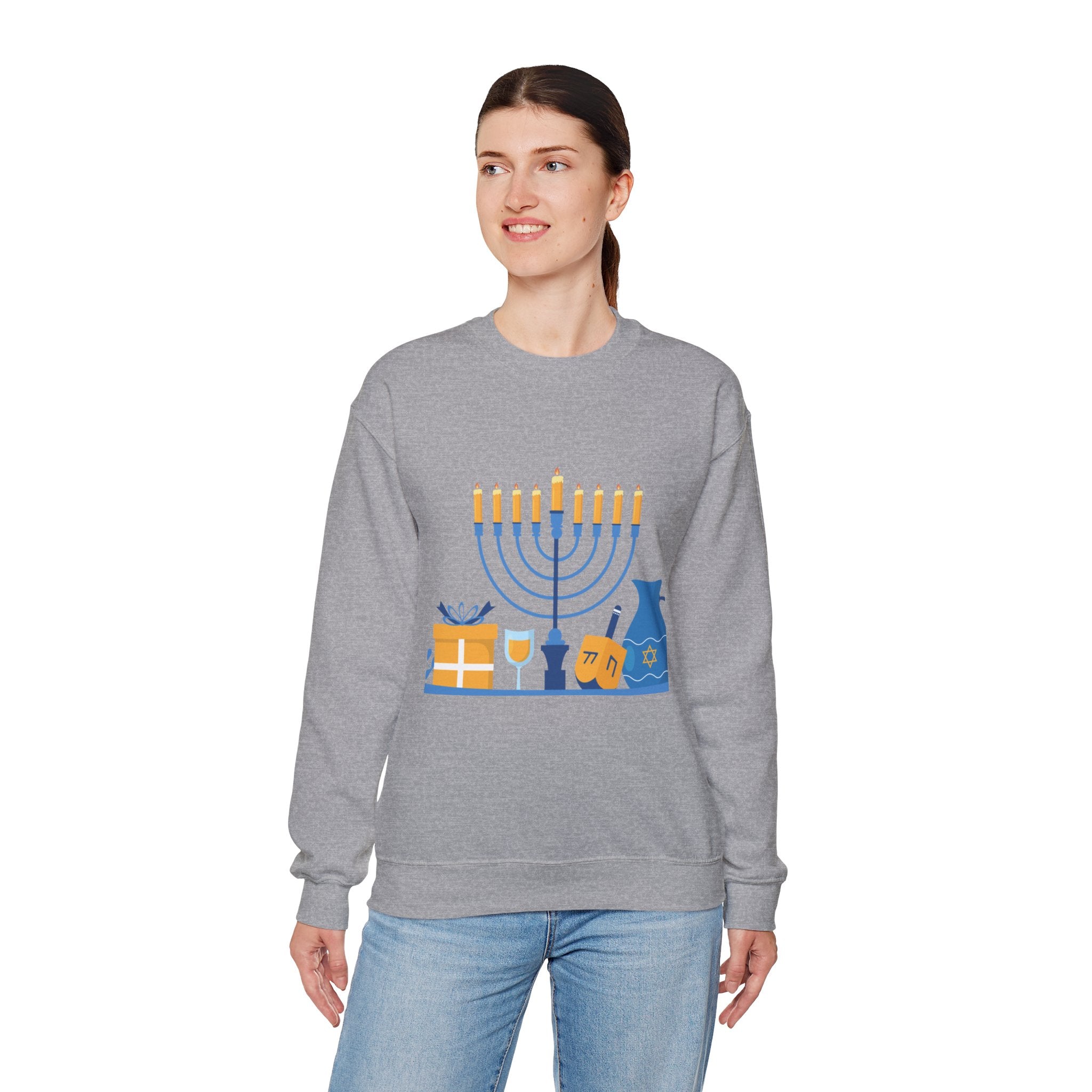 Hanukkah Crewneck Sweatshirt — Menorah, Dreidel & ‘Happy Hanukkah’ Holiday Sweater