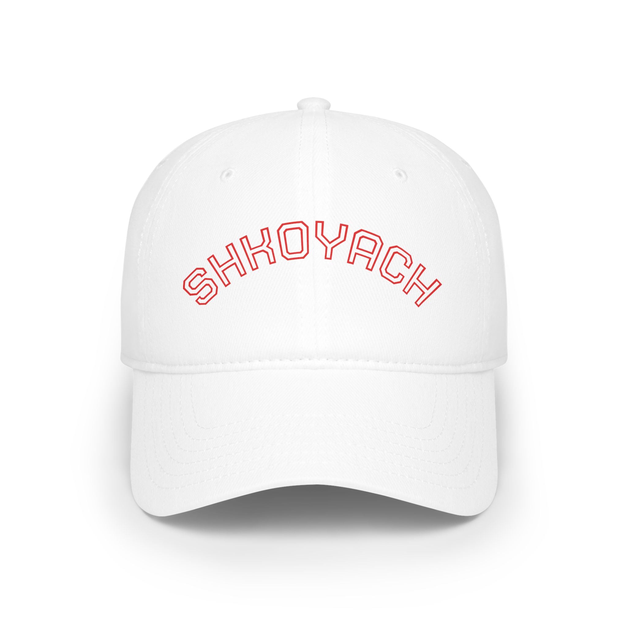 White cap with red text 'SHKoyach' on a white background