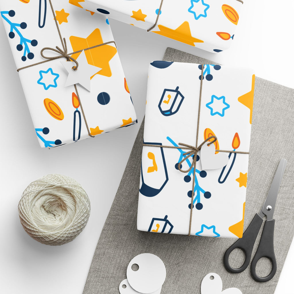 Hanukkah Star & Dreidel Wrapping Paper Roll — Blue & Gold Holiday Gift Wrap