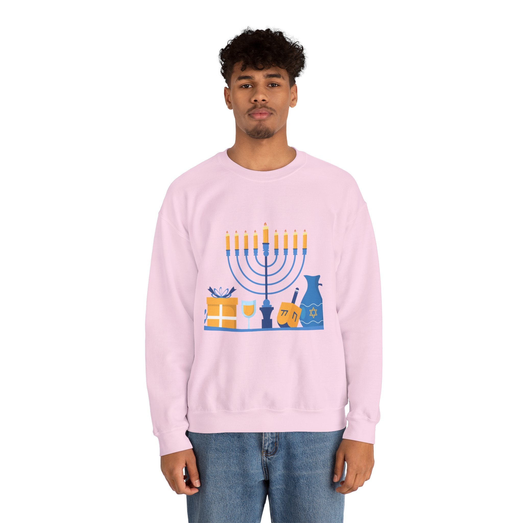 Hanukkah Crewneck Sweatshirt — Menorah, Dreidel & ‘Happy Hanukkah’ Holiday Sweater