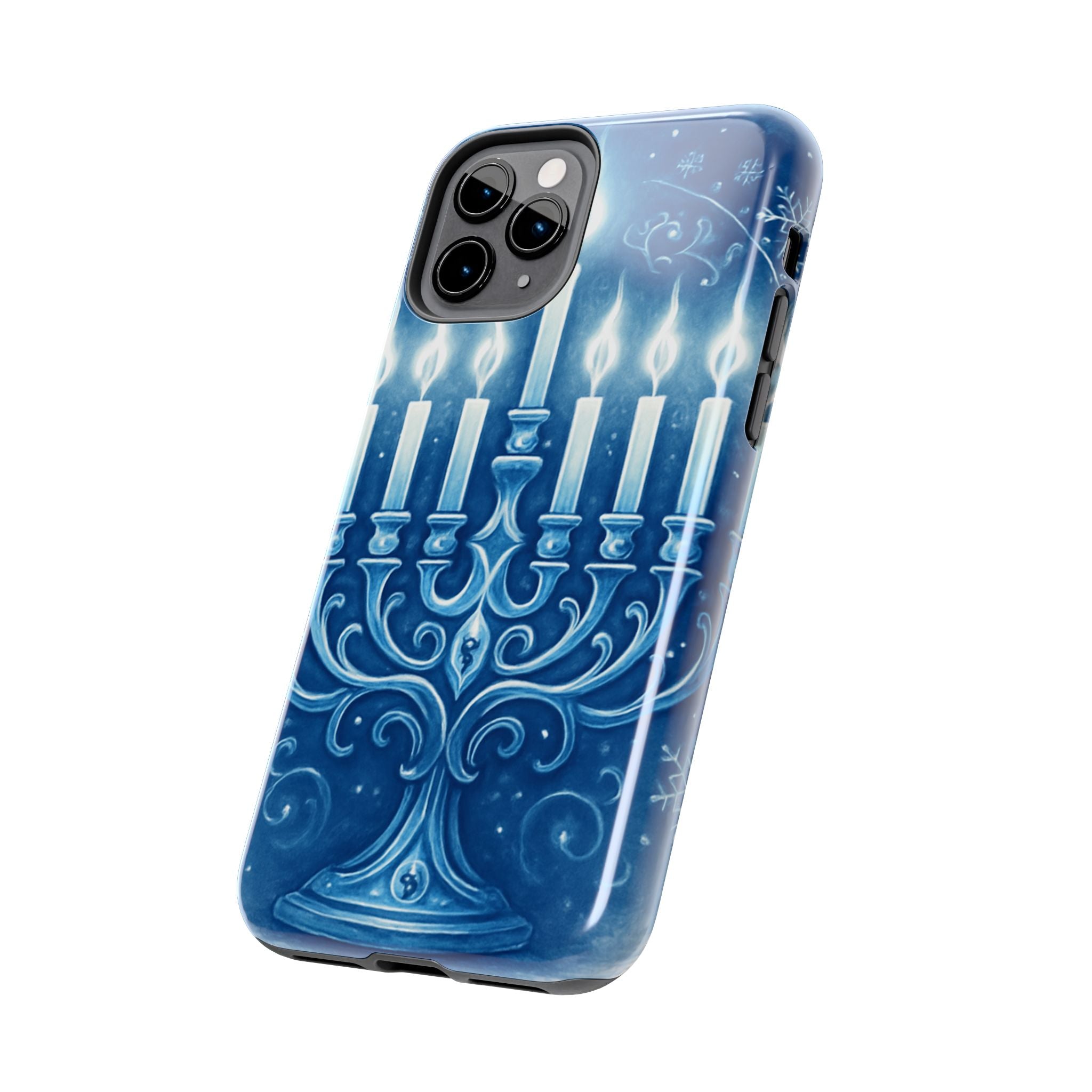 Blue Hanukkah Menorah Tough Phone Case — Holiday Candlelight Protective Cover