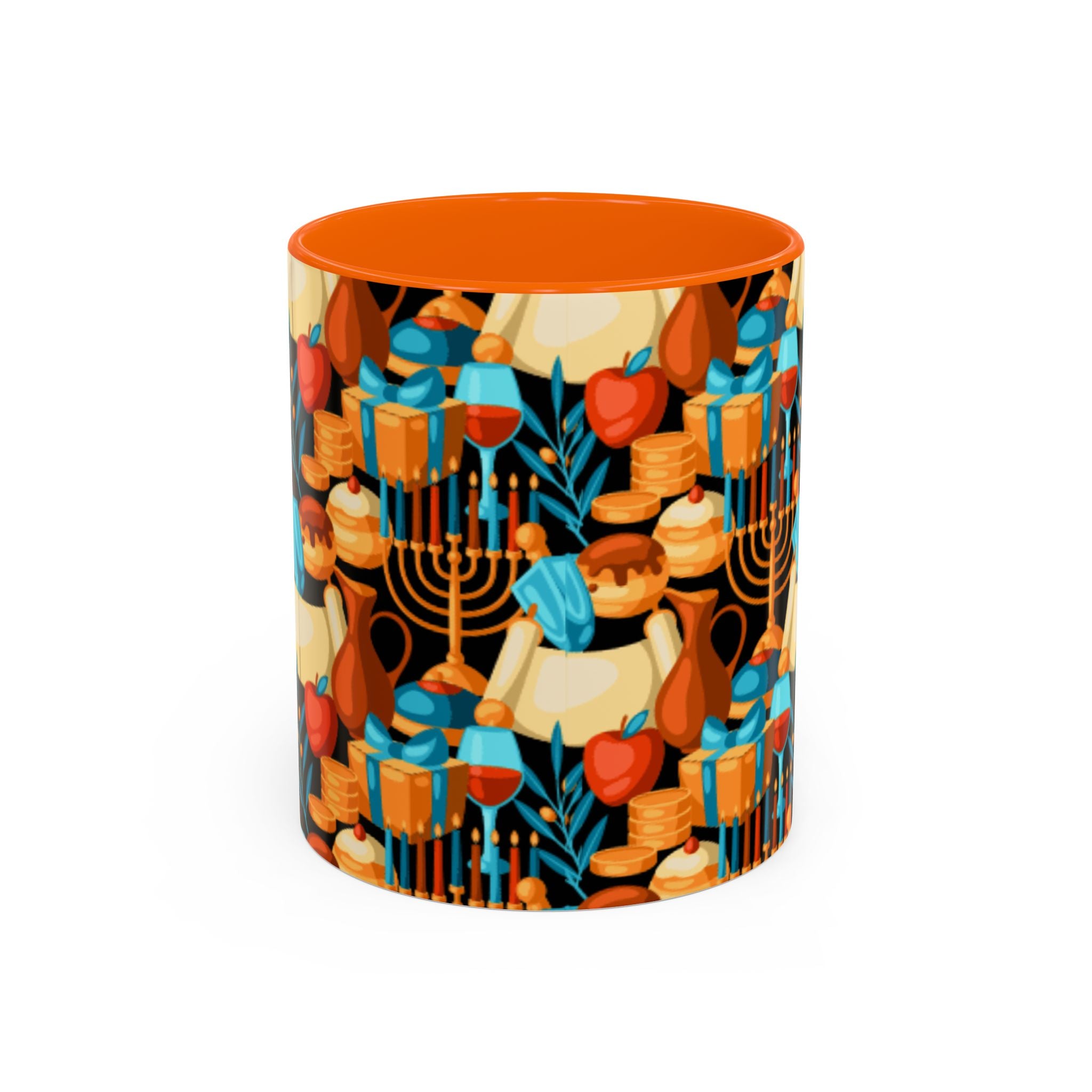 Hanukkah Pattern Accent Coffee Mug — Menorah, Dreidel & Sufganiyot Holiday Design (11/15oz)