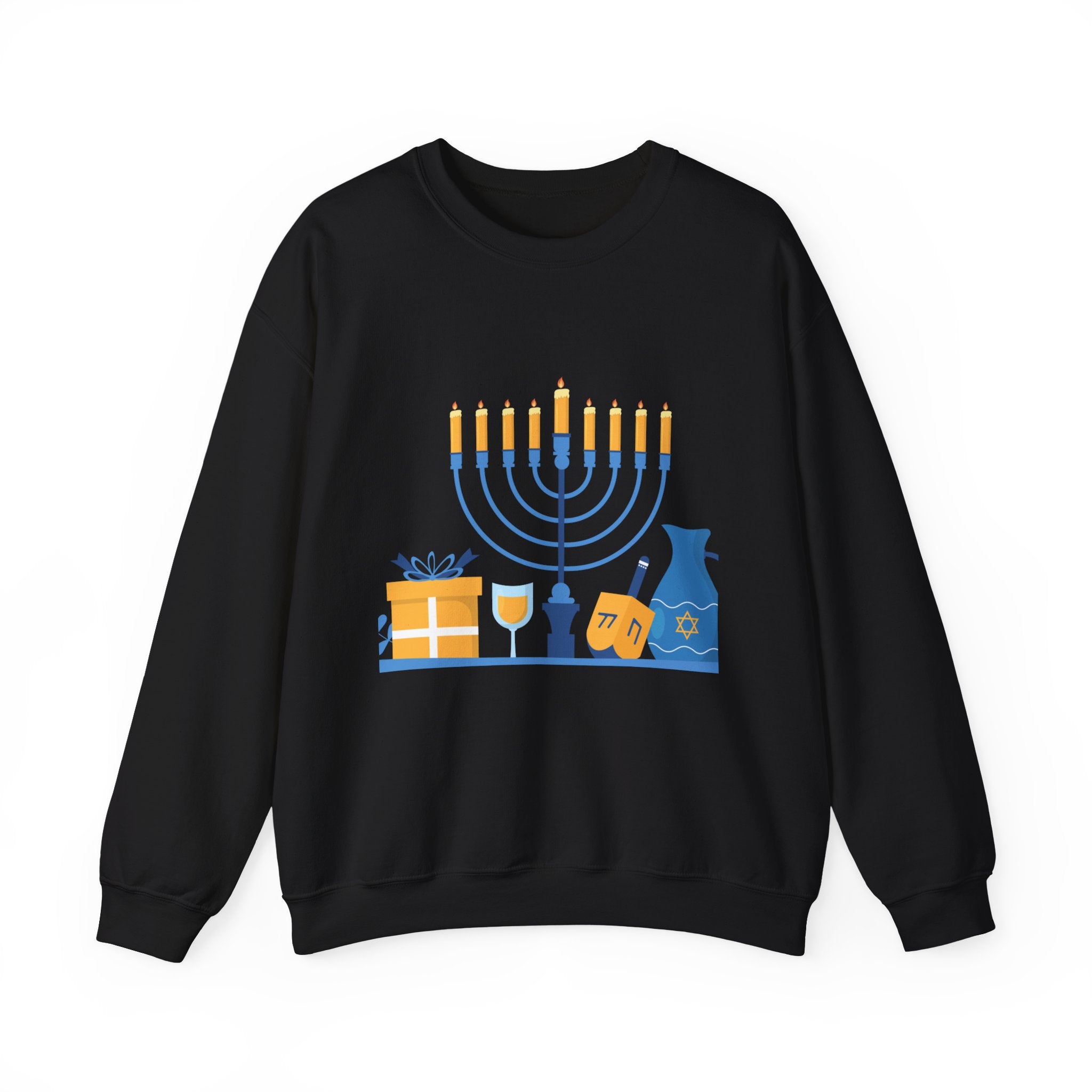 Hanukkah Crewneck Sweatshirt — Menorah, Dreidel & ‘Happy Hanukkah’ Holiday Sweater
