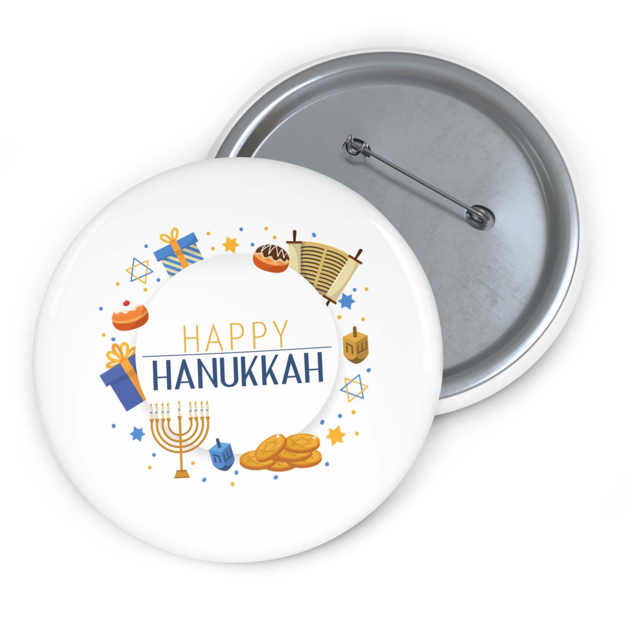 Happy Hanukkah Pin Button — Festive Menorah & Dreidel Holiday Badge