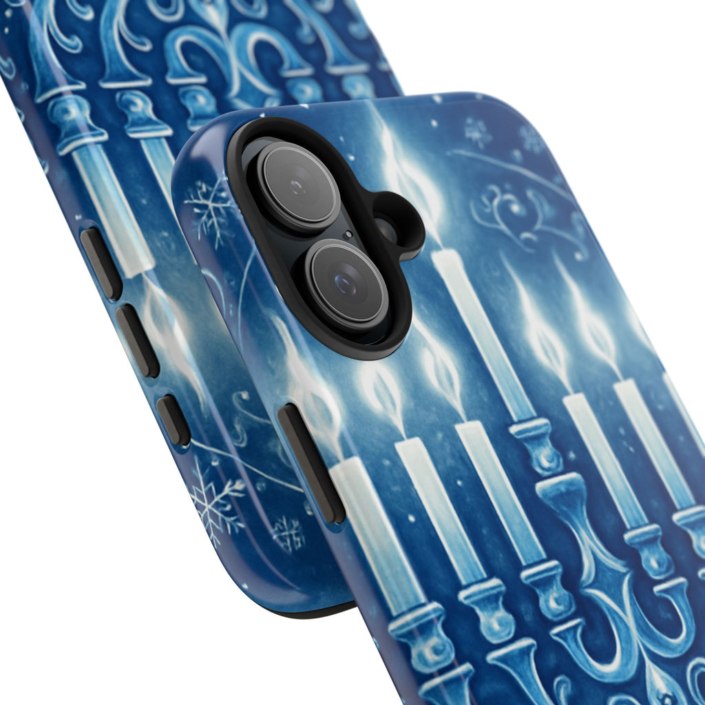 Blue Hanukkah Menorah Tough Phone Case — Holiday Candlelight Protective Cover