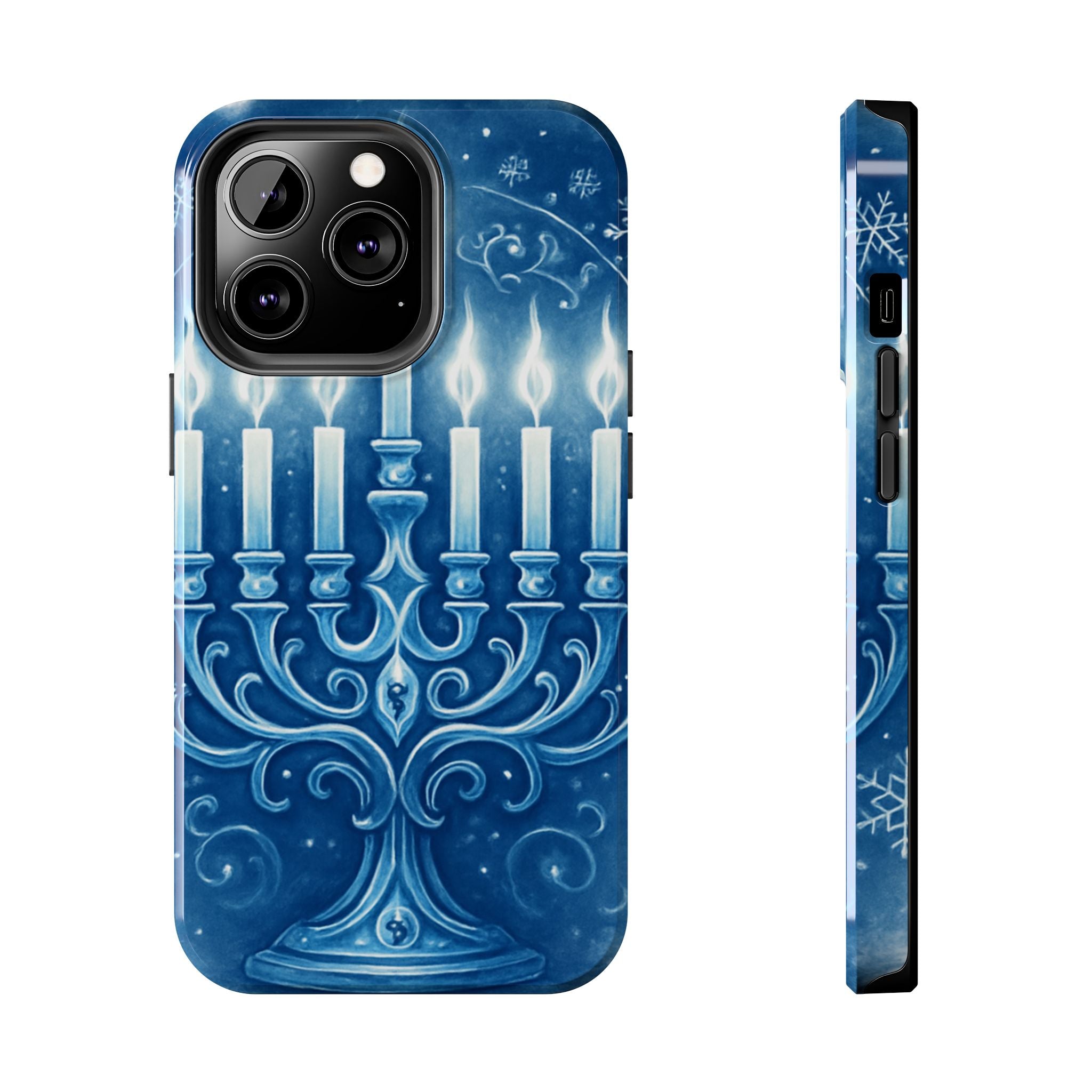 Blue Hanukkah Menorah Tough Phone Case — Holiday Candlelight Protective Cover