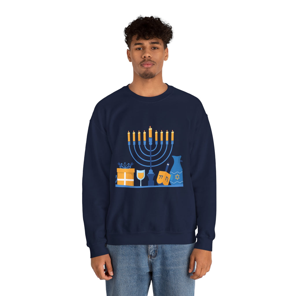 Hanukkah Crewneck Sweatshirt — Menorah, Dreidel & ‘Happy Hanukkah’ Holiday Sweater