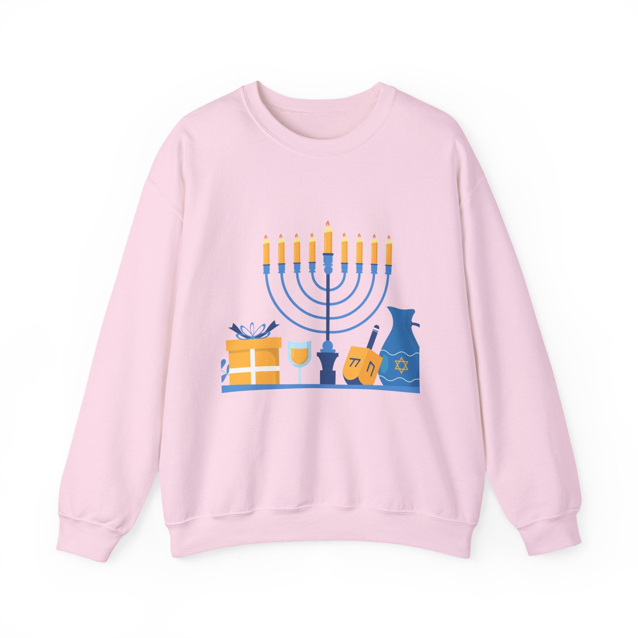 Hanukkah Crewneck Sweatshirt — Menorah, Dreidel & ‘Happy Hanukkah’ Holiday Sweater