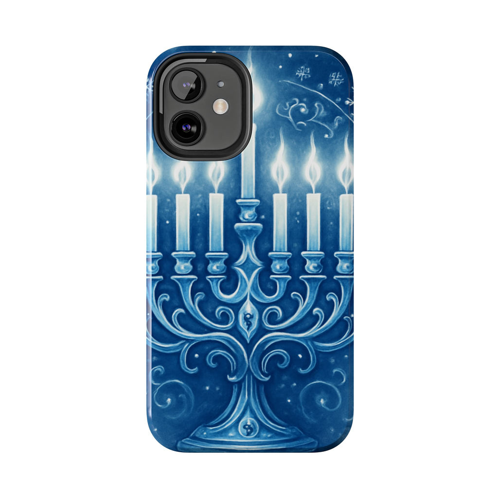 Blue Hanukkah Menorah Tough Phone Case — Holiday Candlelight Protective Cover
