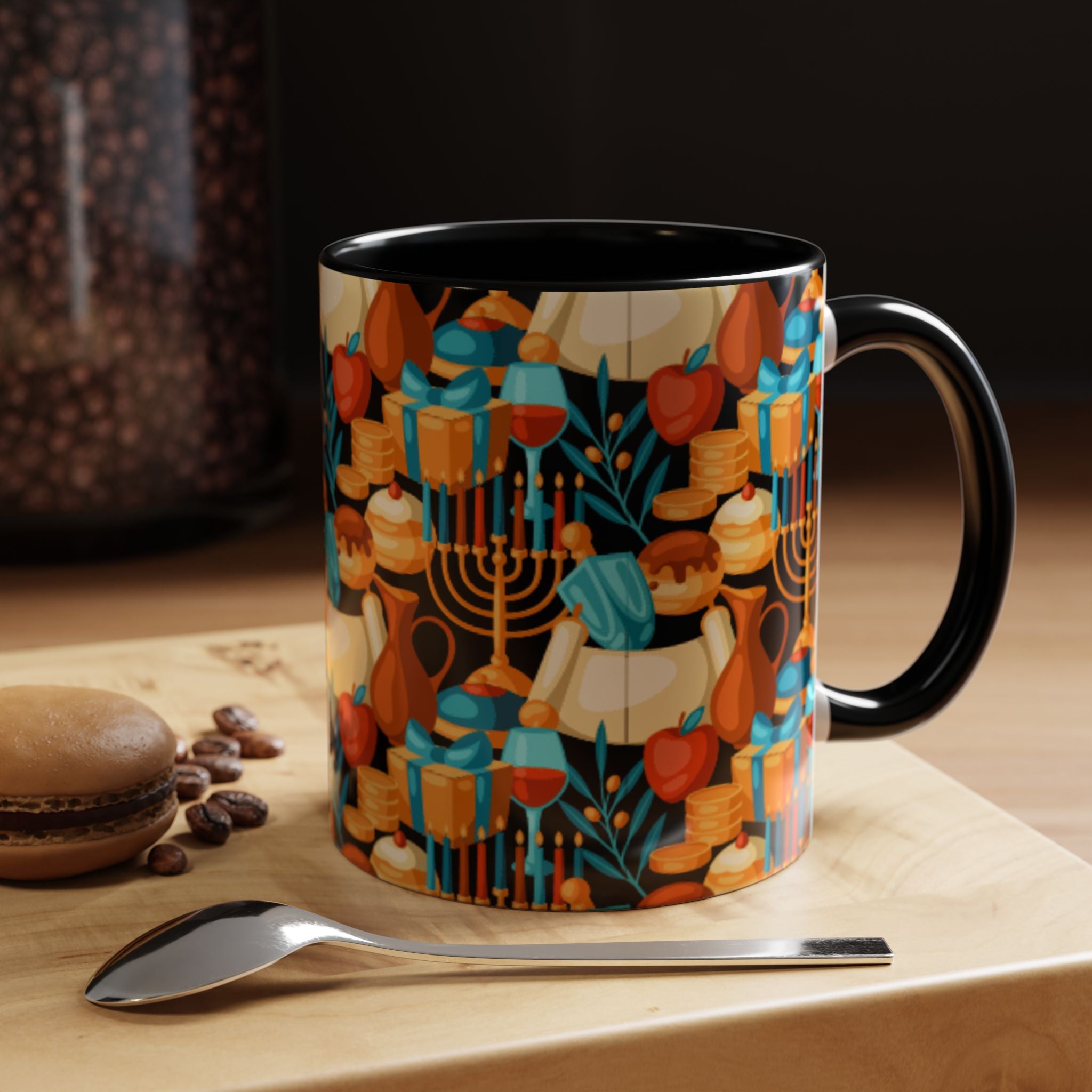 Hanukkah Pattern Accent Coffee Mug — Menorah, Dreidel & Sufganiyot Holiday Design (11/15oz)