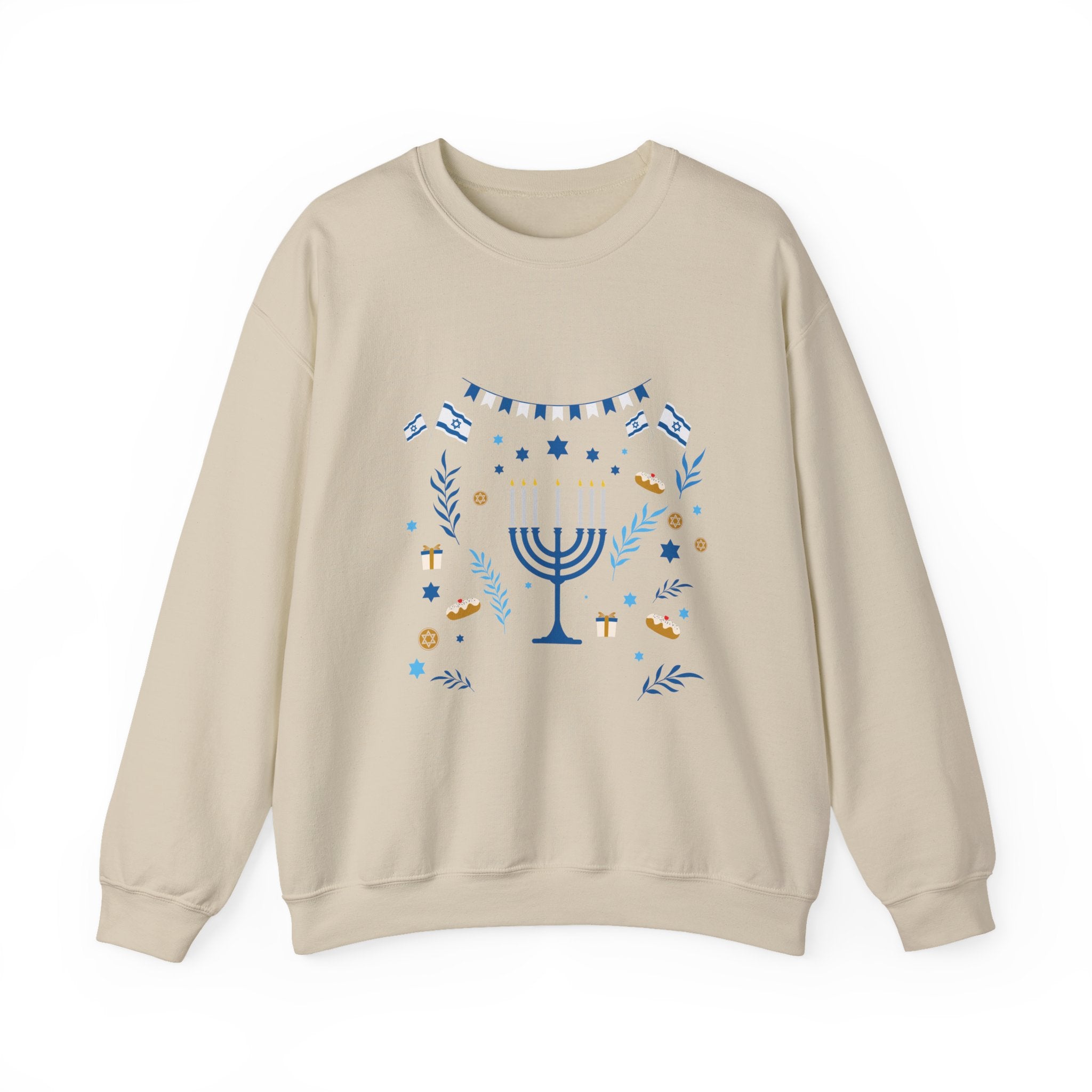 Hanukkah Crewneck Sweatshirt — Menorah & "Happy Hanukkah" Holiday Sweater