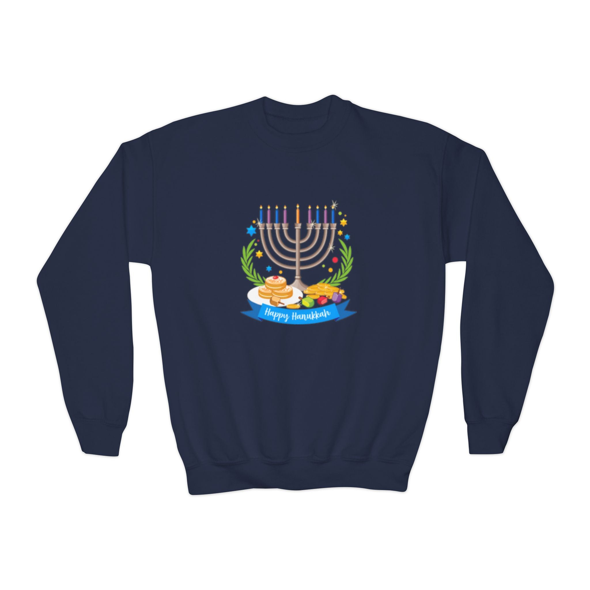 Happy Chanukah Youth Crewneck Sweatshirt — Menorah & Dreidel Holiday Sweater