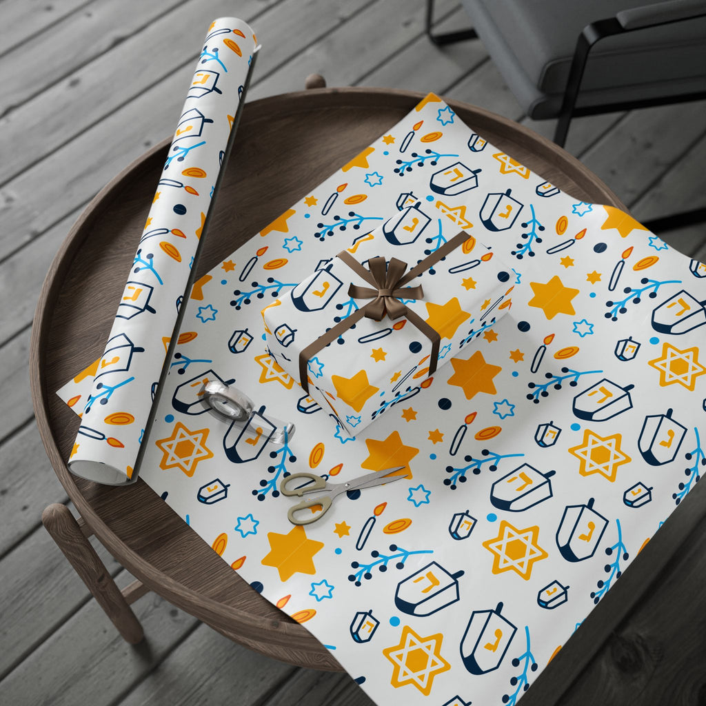 Hanukkah Star & Dreidel Wrapping Paper Roll — Blue & Gold Holiday Gift Wrap