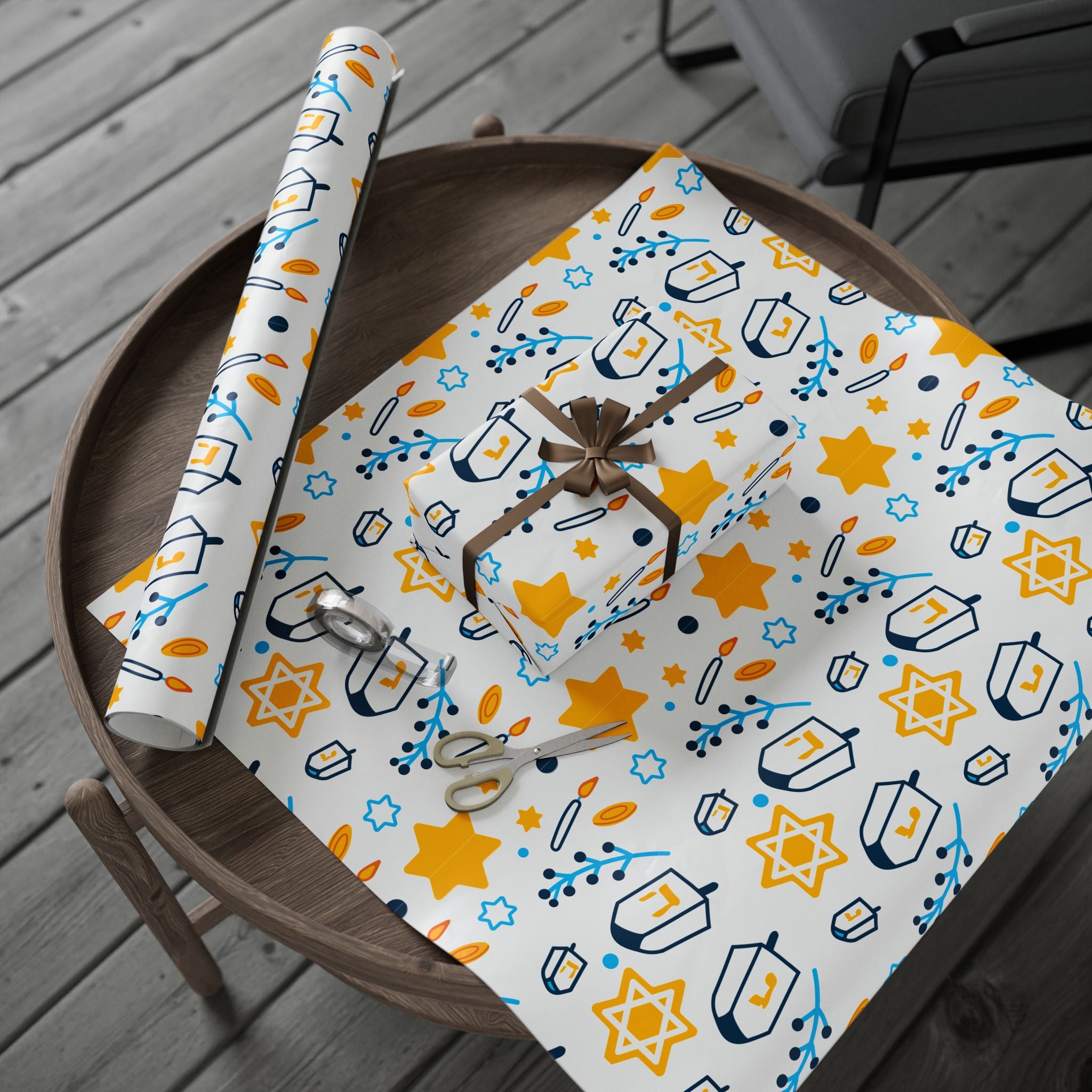 Hanukkah Star & Dreidel Wrapping Paper Roll — Blue & Gold Holiday Gift Wrap