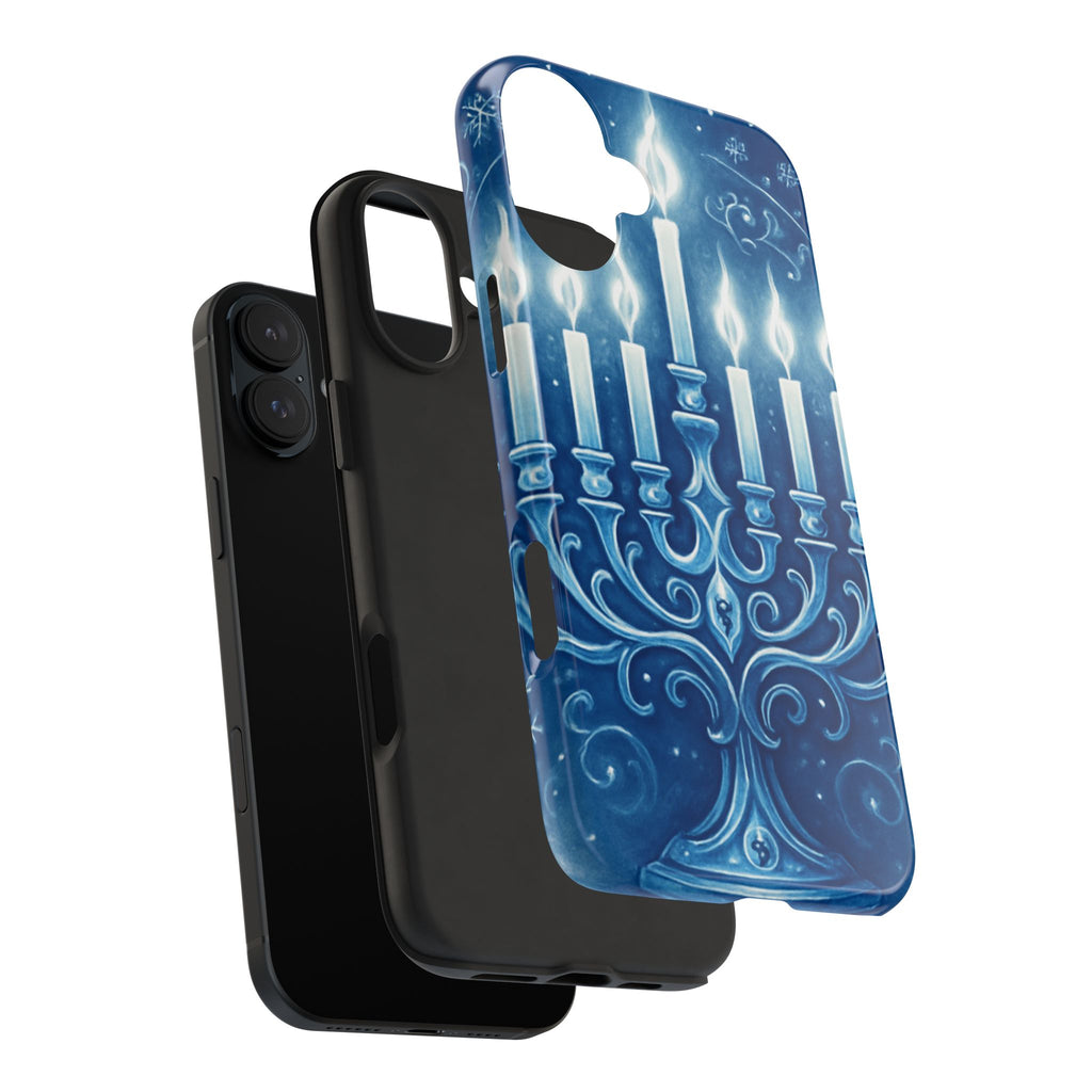 Blue Hanukkah Menorah Tough Phone Case — Holiday Candlelight Protective Cover