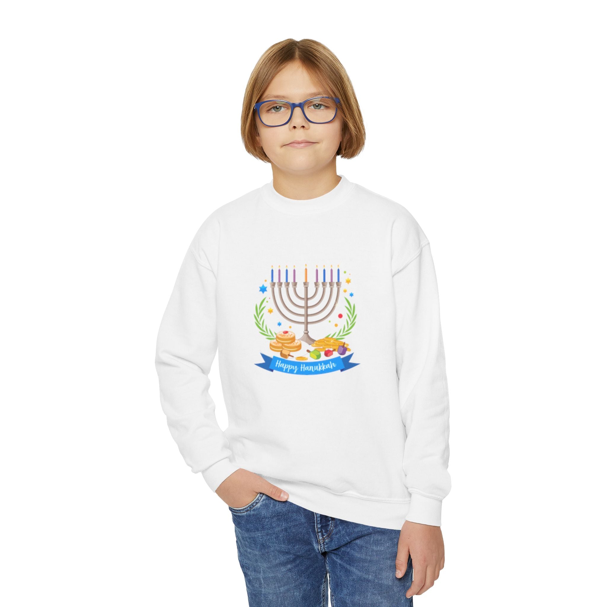 Happy Chanukah Youth Crewneck Sweatshirt — Menorah & Dreidel Holiday Sweater