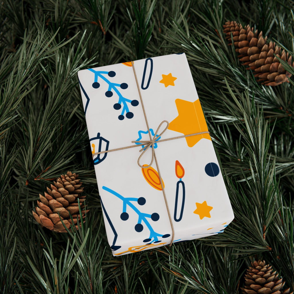 Hanukkah Star & Dreidel Wrapping Paper Roll — Blue & Gold Holiday Gift Wrap