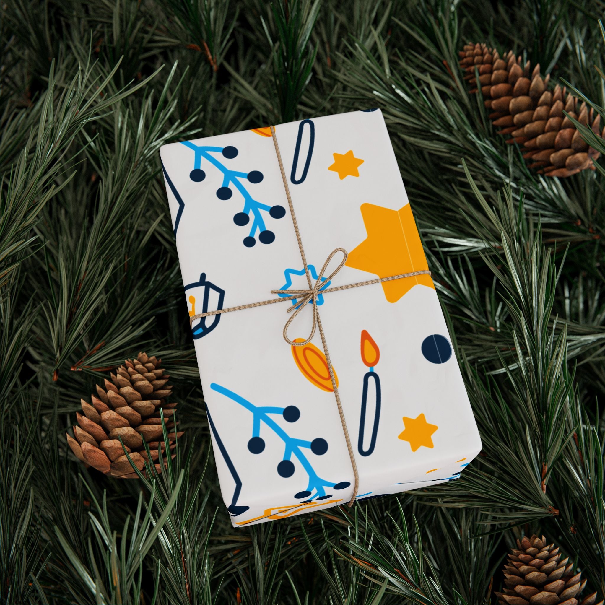 Hanukkah Star & Dreidel Wrapping Paper Roll — Blue & Gold Holiday Gift Wrap