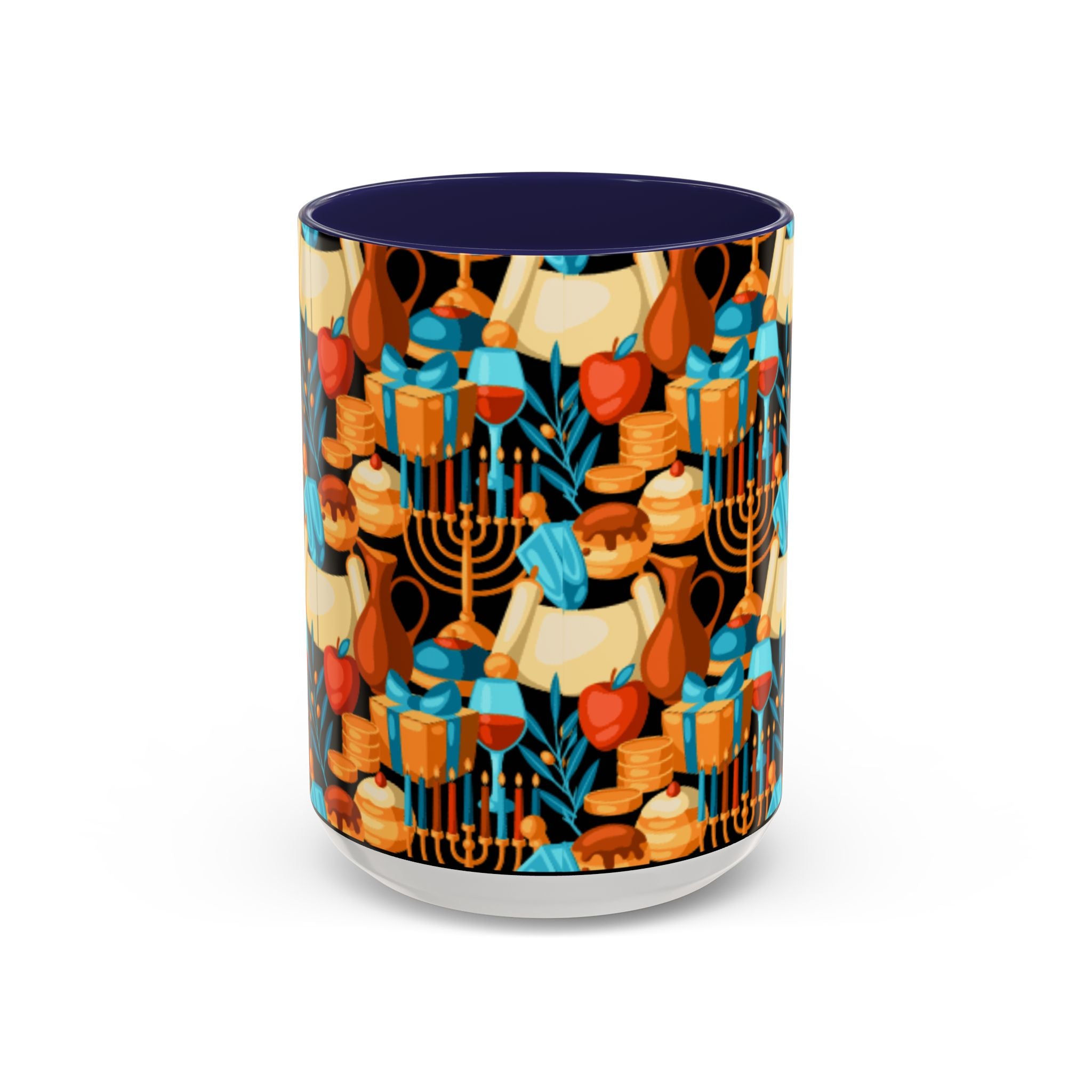 Hanukkah Pattern Accent Coffee Mug — Menorah, Dreidel & Sufganiyot Holiday Design (11/15oz)