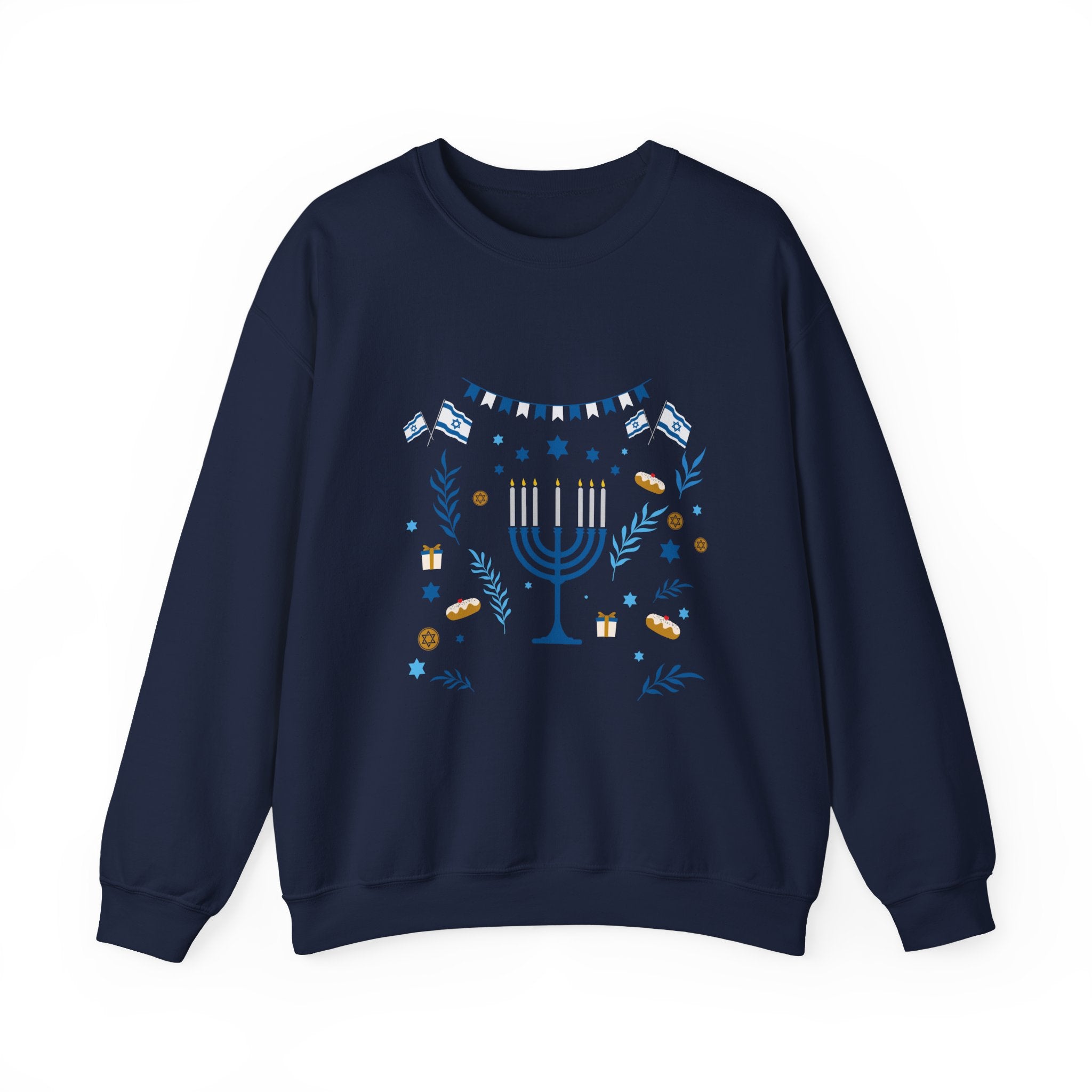 Hanukkah Crewneck Sweatshirt — Menorah & "Happy Hanukkah" Holiday Sweater