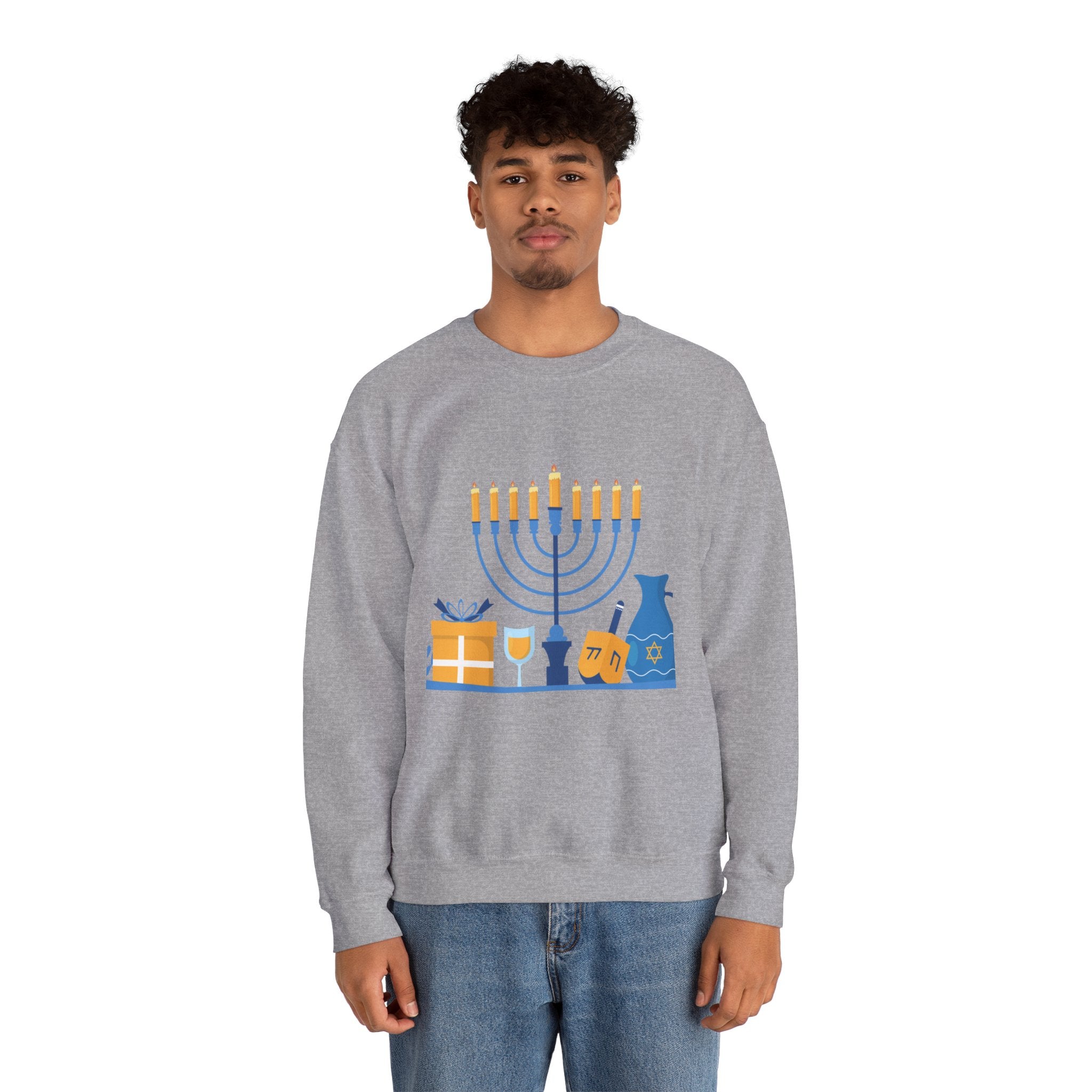 Hanukkah Crewneck Sweatshirt — Menorah, Dreidel & ‘Happy Hanukkah’ Holiday Sweater