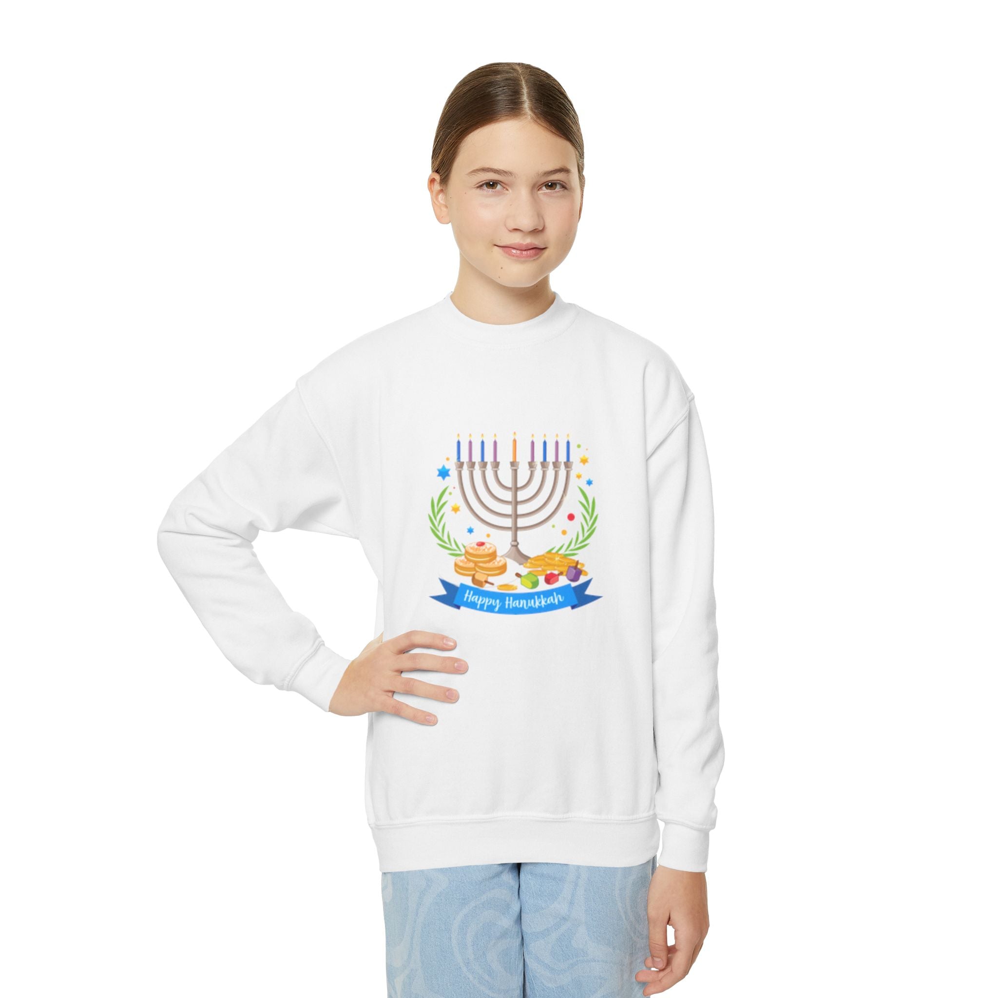 Happy Chanukah Youth Crewneck Sweatshirt — Menorah & Dreidel Holiday Sweater