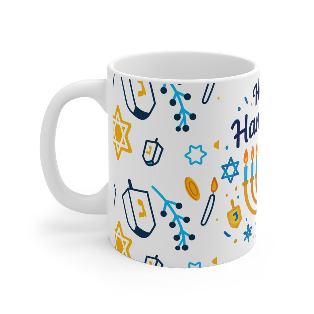 Happy Hanukkah Mug — 11oz Menorah & Dreidel Holiday Coffee Cup