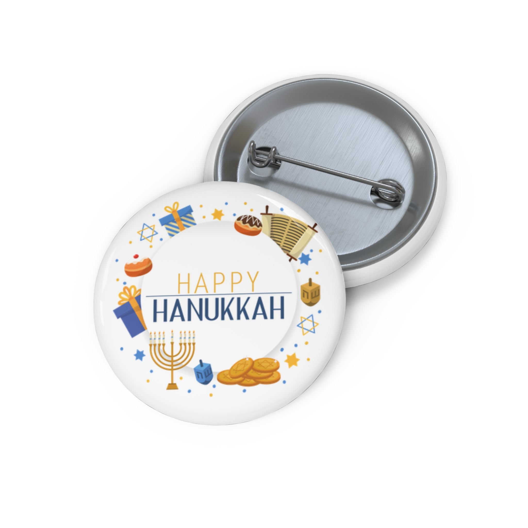 Happy Hanukkah Pin Button — Festive Menorah & Dreidel Holiday Badge
