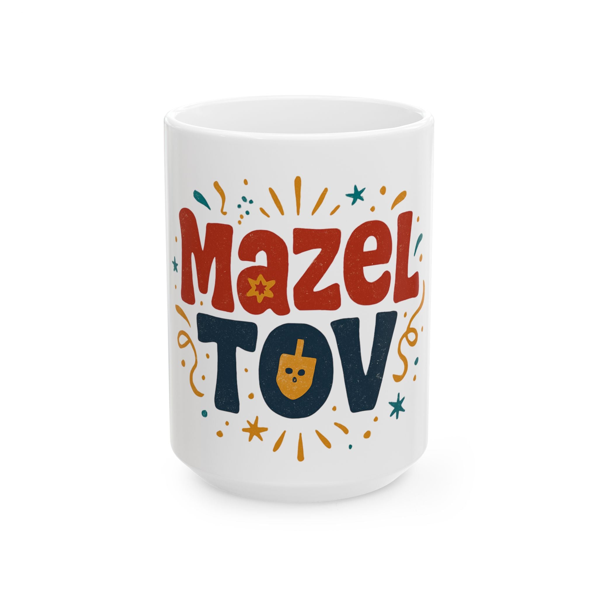 White mug with colorful 'Mazel Tov' text on a white background