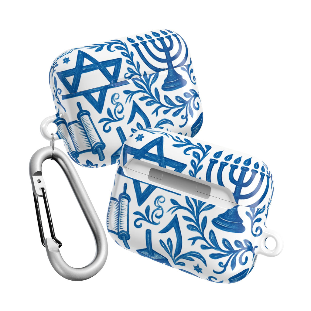 Hanukkah AirPod Case — Blue Menorah, Star of David & Dreidel Design
