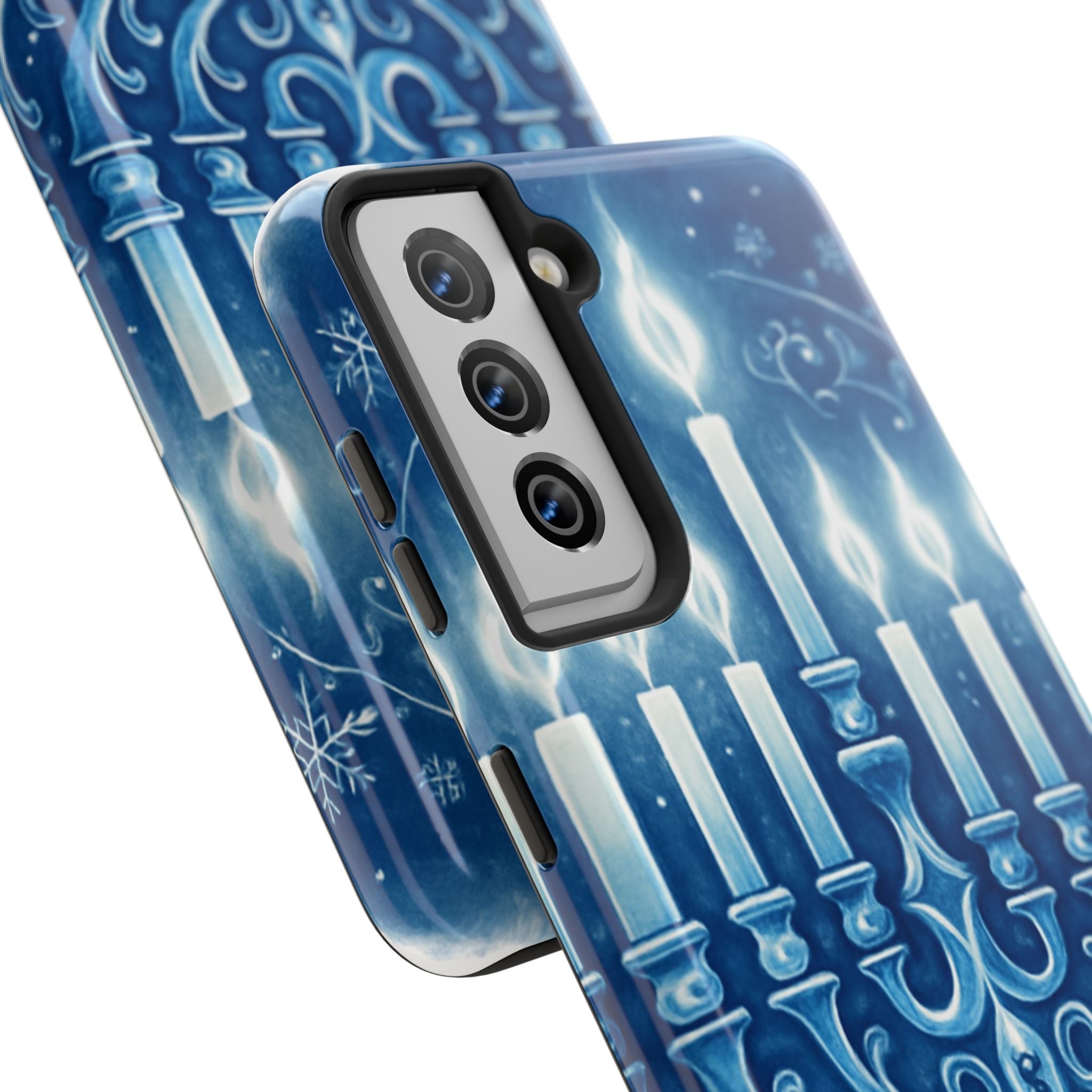 Blue Hanukkah Menorah Tough Phone Case — Holiday Candlelight Protective Cover