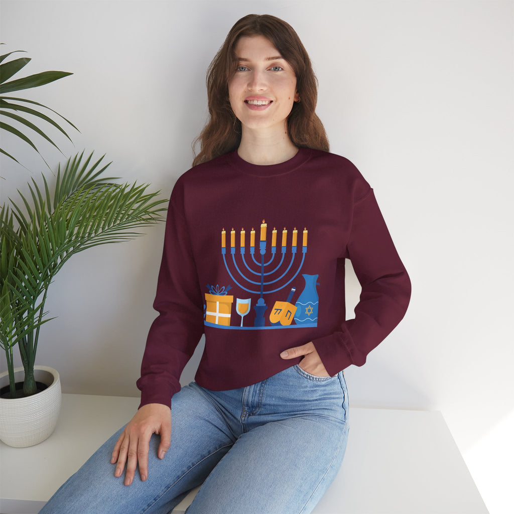 Hanukkah Crewneck Sweatshirt — Menorah, Dreidel & ‘Happy Hanukkah’ Holiday Sweater