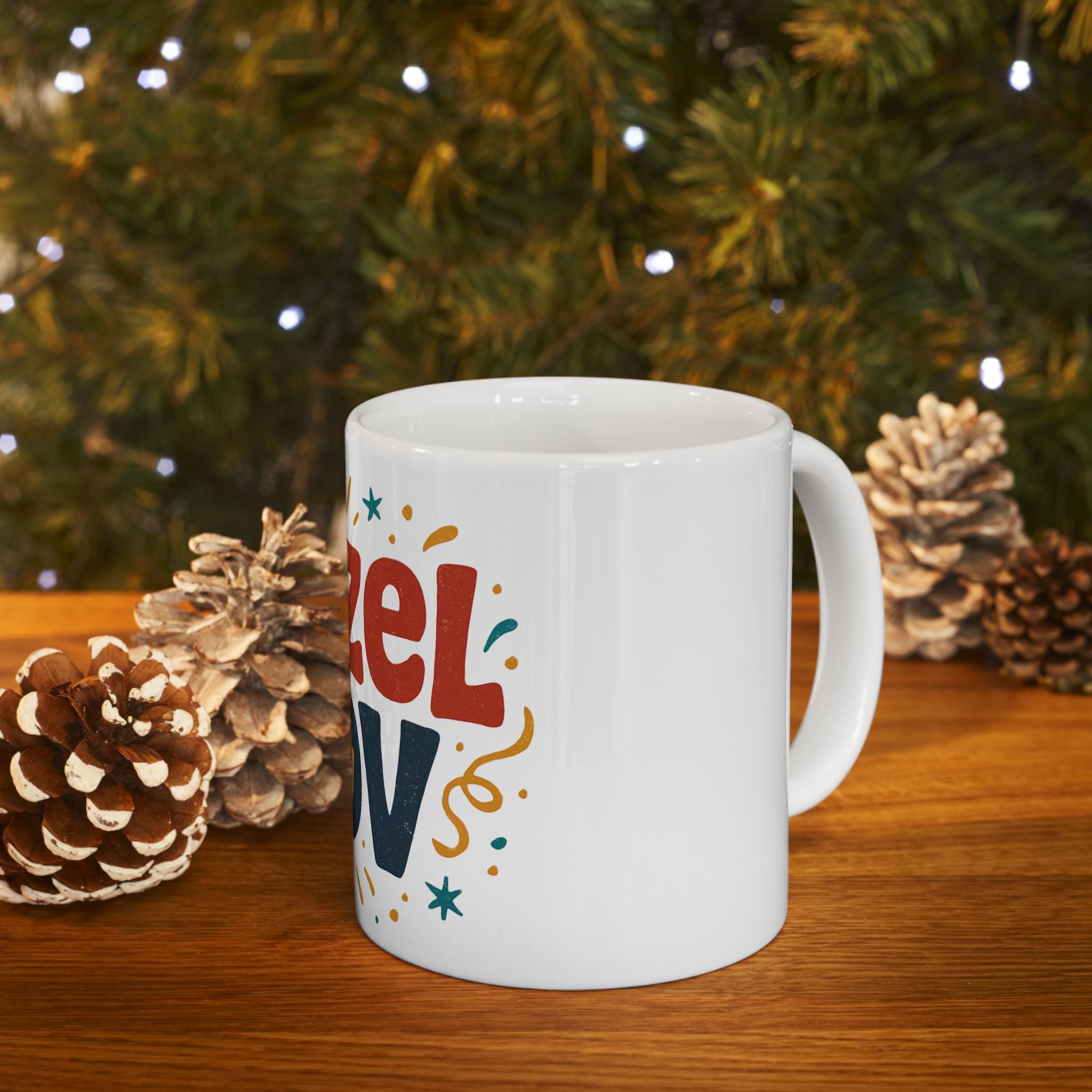 White mug with colorful text in front of a Christmas tree and pinecones