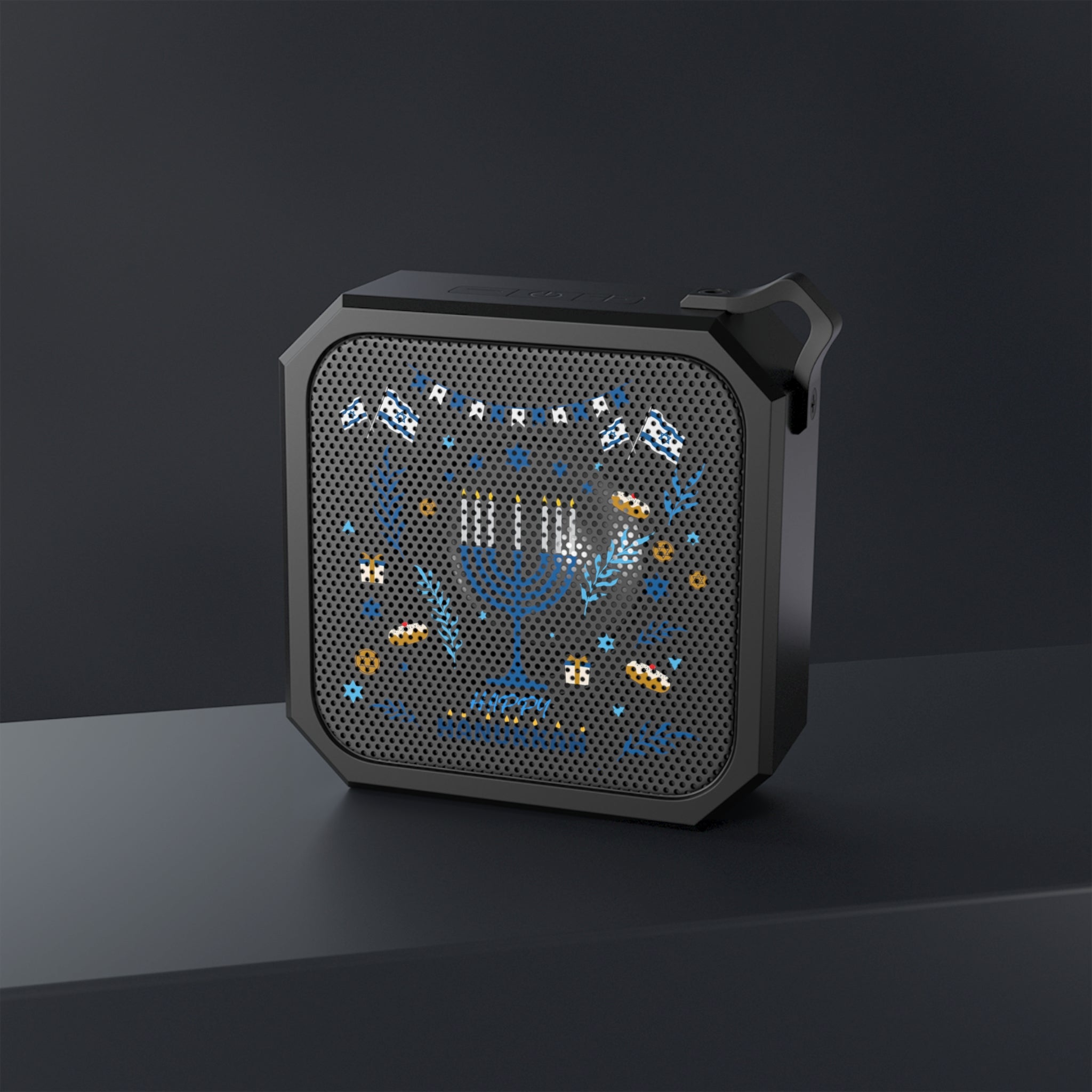 Hanukkah Menorah Bluetooth Speaker — Portable Outdoor Bluetooth Speaker with Holiday Dreidels & “Happy Hanukkah” Design