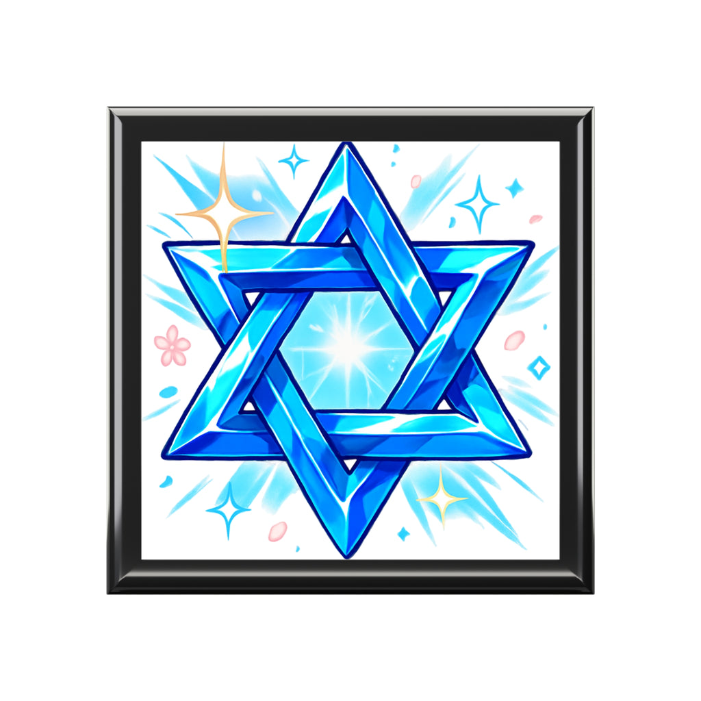 Framed artwork of a blue star design on a white background