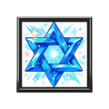 Framed artwork of a blue star design on a white background