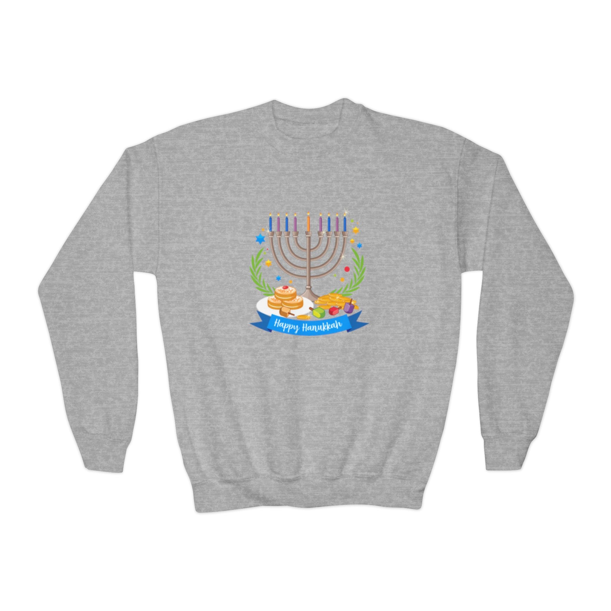 Happy Chanukah Youth Crewneck Sweatshirt — Menorah & Dreidel Holiday Sweater