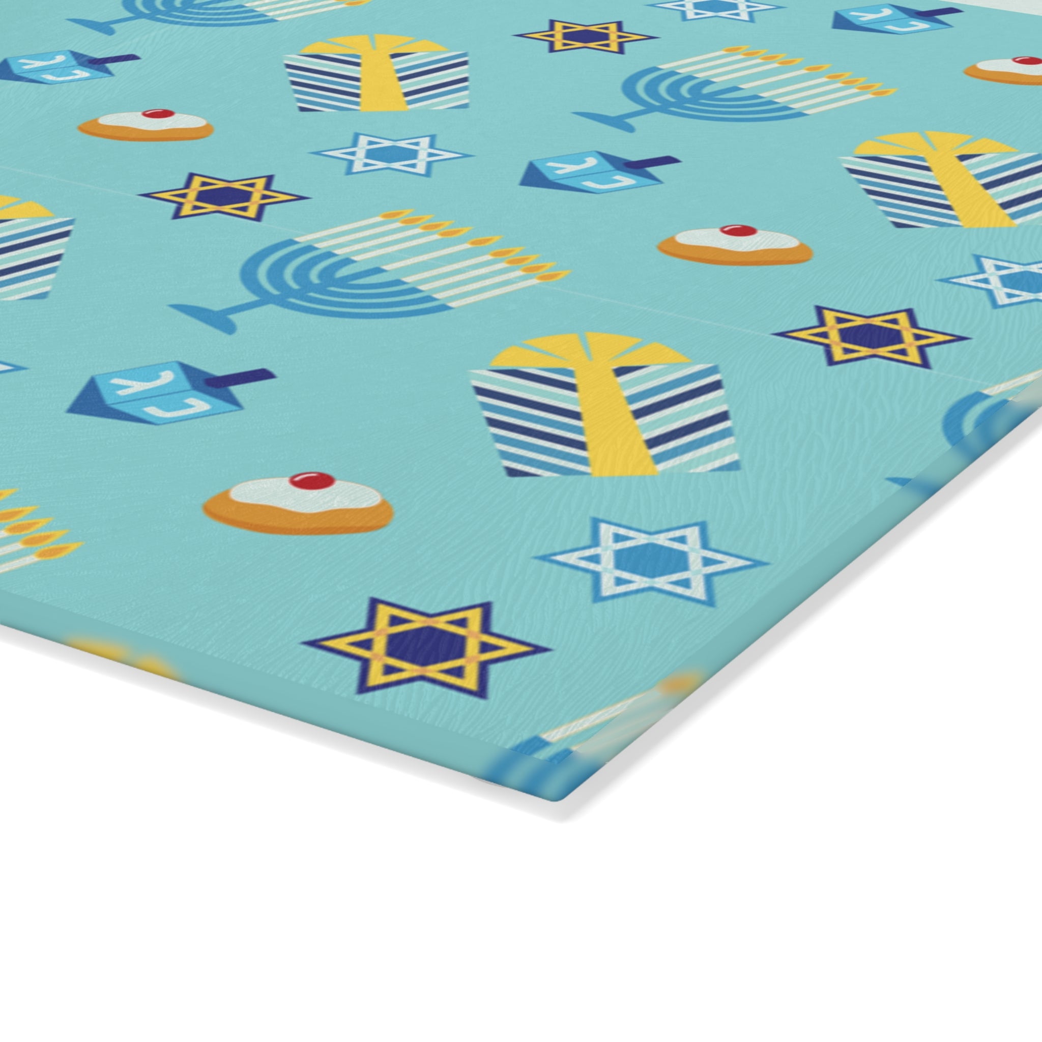 Hanukkah Pattern Glass Cutting Board — Menorah, Dreidel & Gelt Kitchen Board