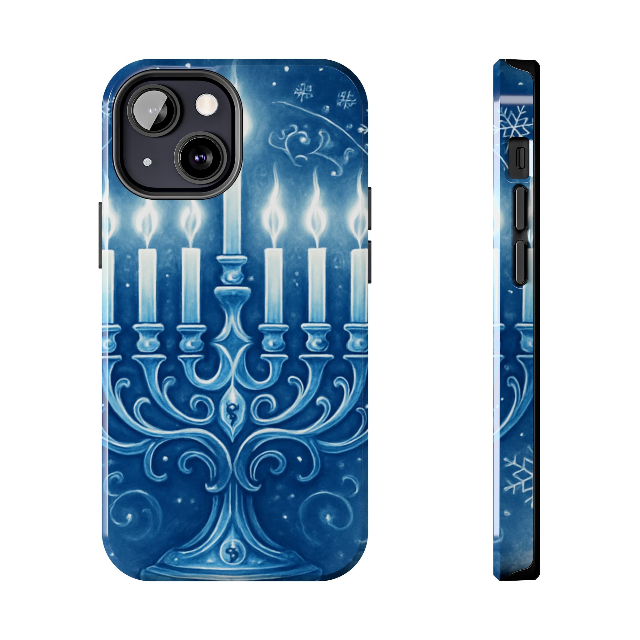 Blue Hanukkah Menorah Tough Phone Case — Holiday Candlelight Protective Cover