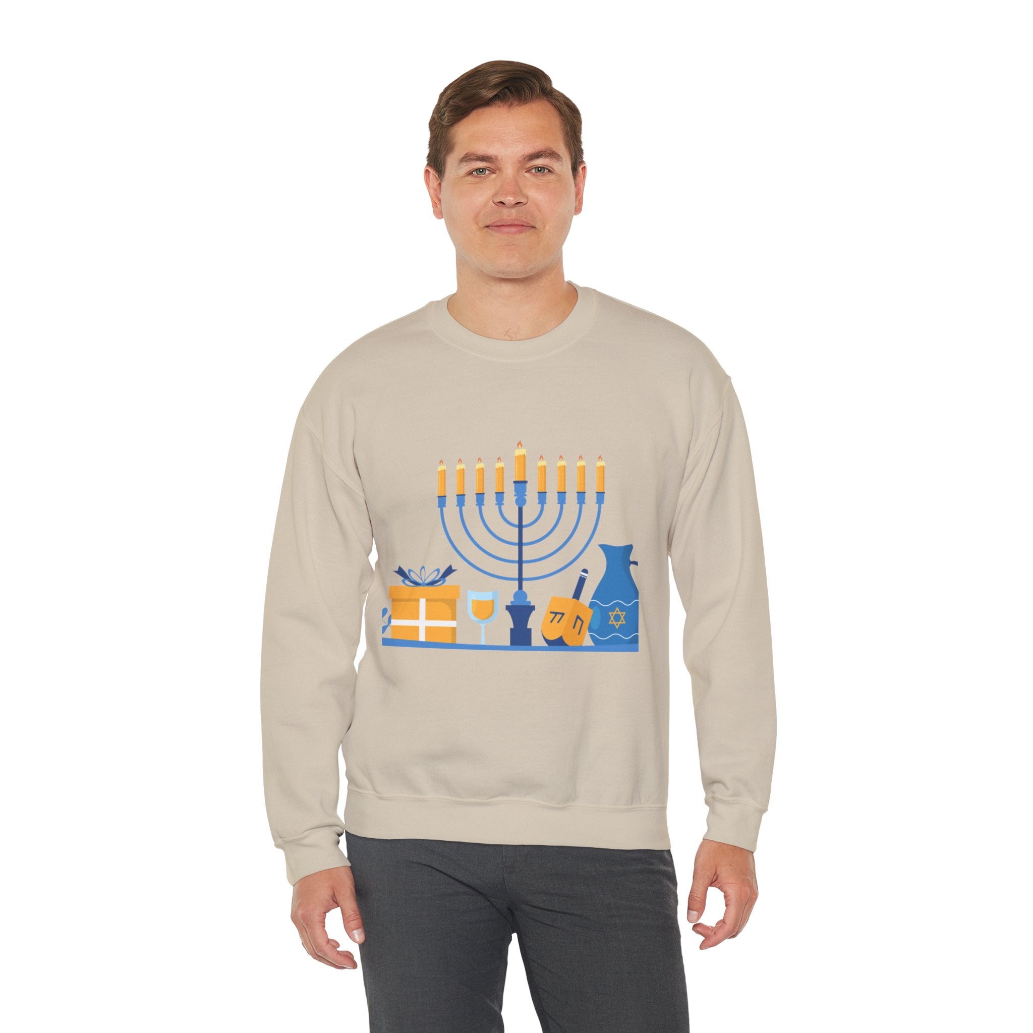 Hanukkah Crewneck Sweatshirt — Menorah, Dreidel & ‘Happy Hanukkah’ Holiday Sweater