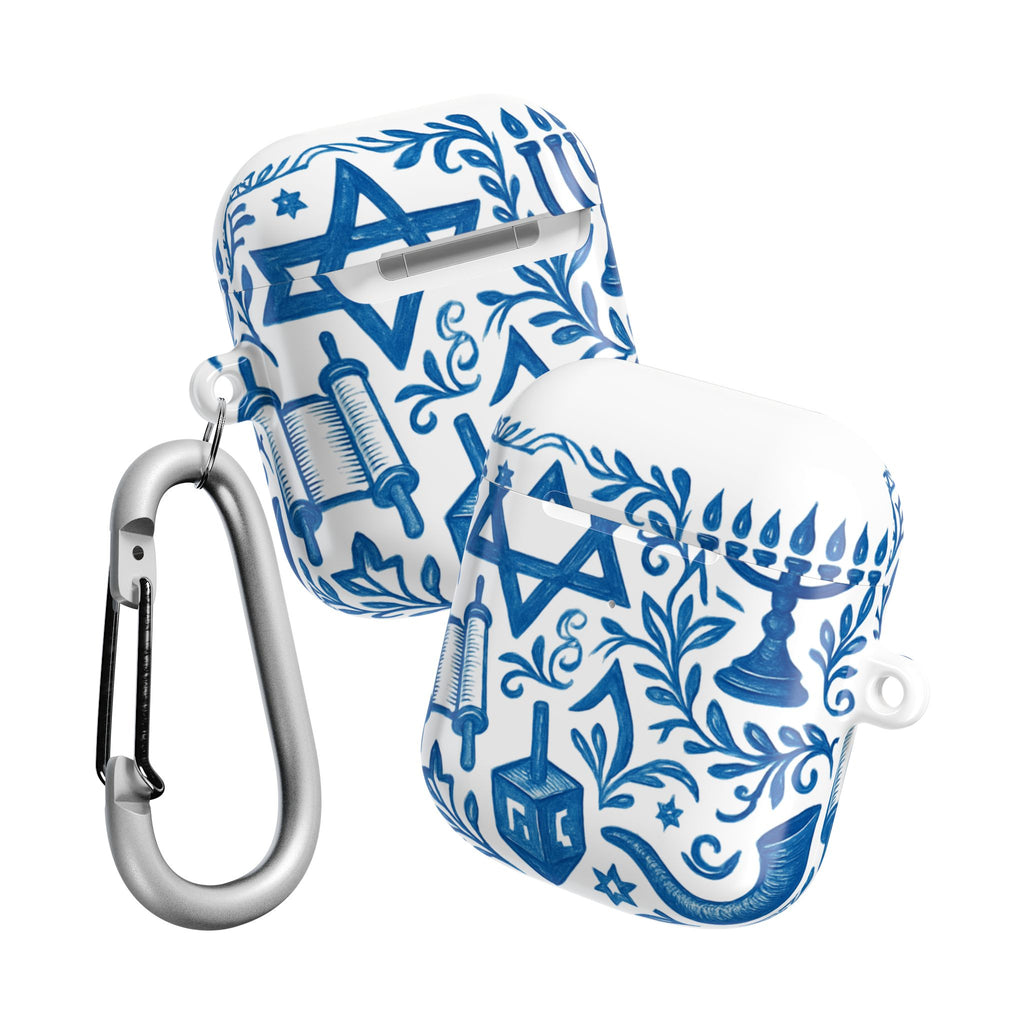 Hanukkah AirPod Case — Blue Menorah, Star of David & Dreidel Design