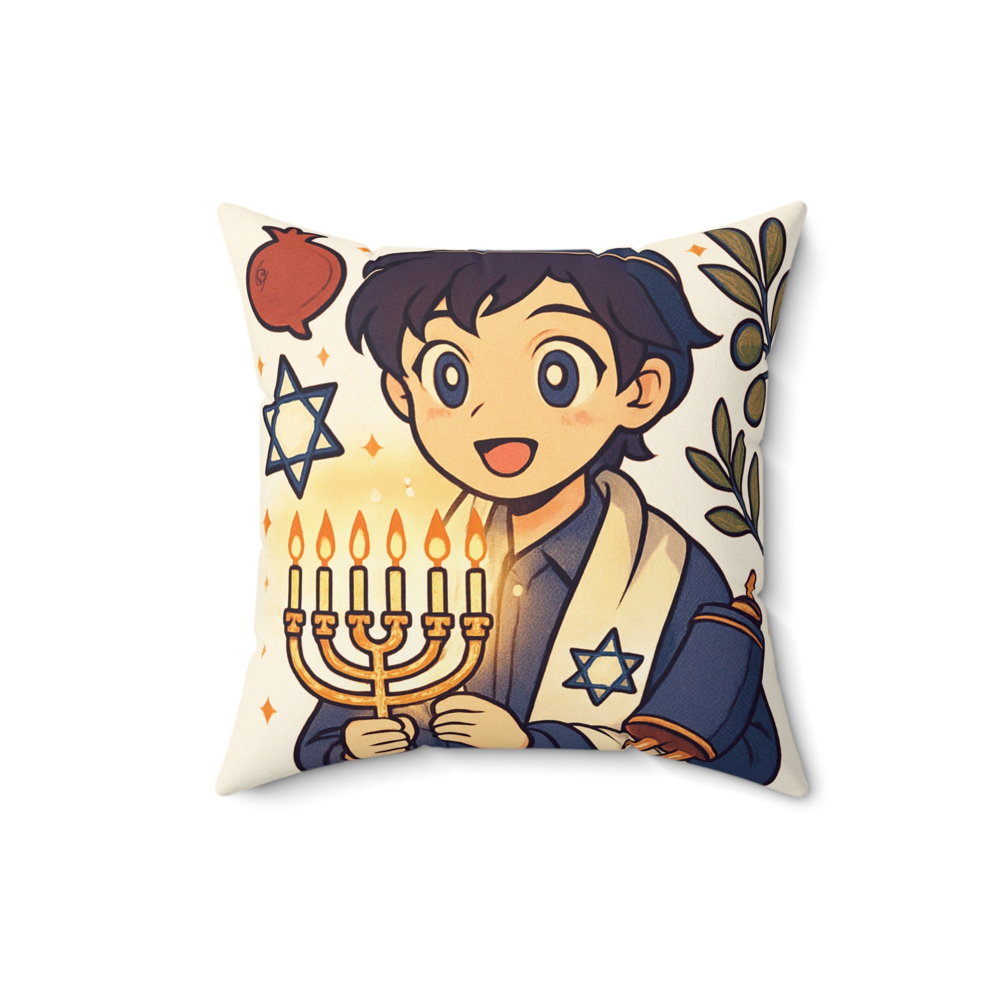 Hanukkah Boy Decorative Pillow — Menorah & Torah Festive Holiday Throw Pillow