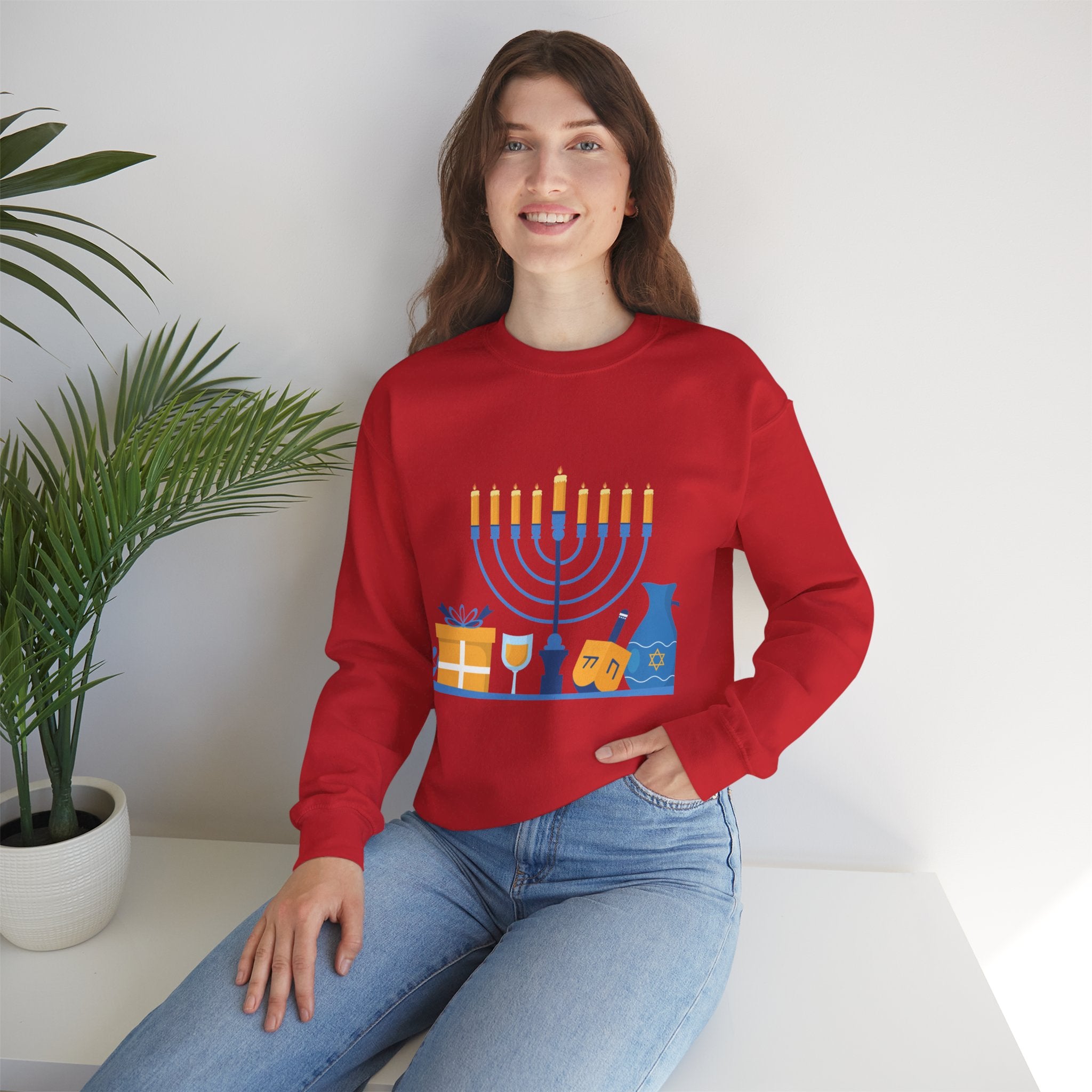 Hanukkah Crewneck Sweatshirt — Menorah, Dreidel & ‘Happy Hanukkah’ Holiday Sweater