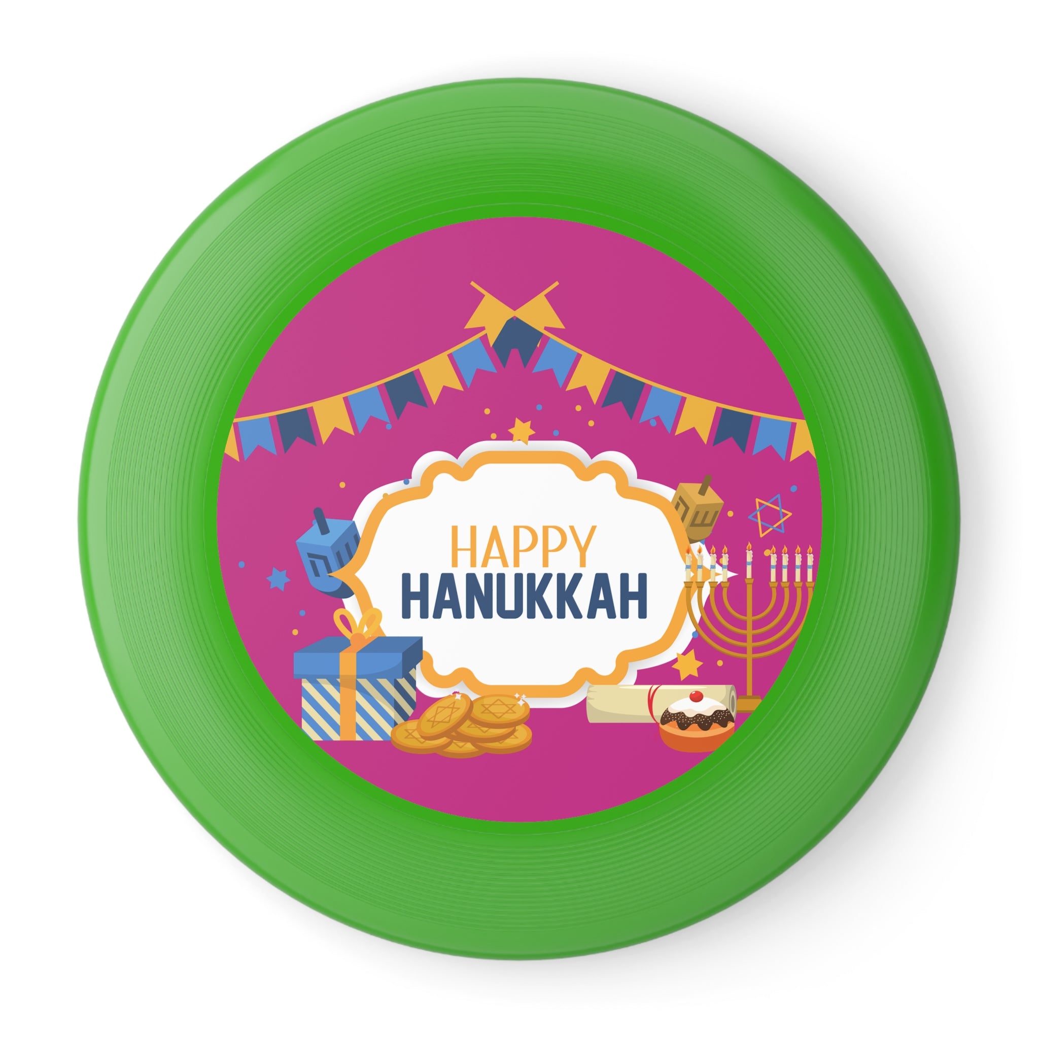 Green frisbee with 'Happy Hanukkah' design on a white background
