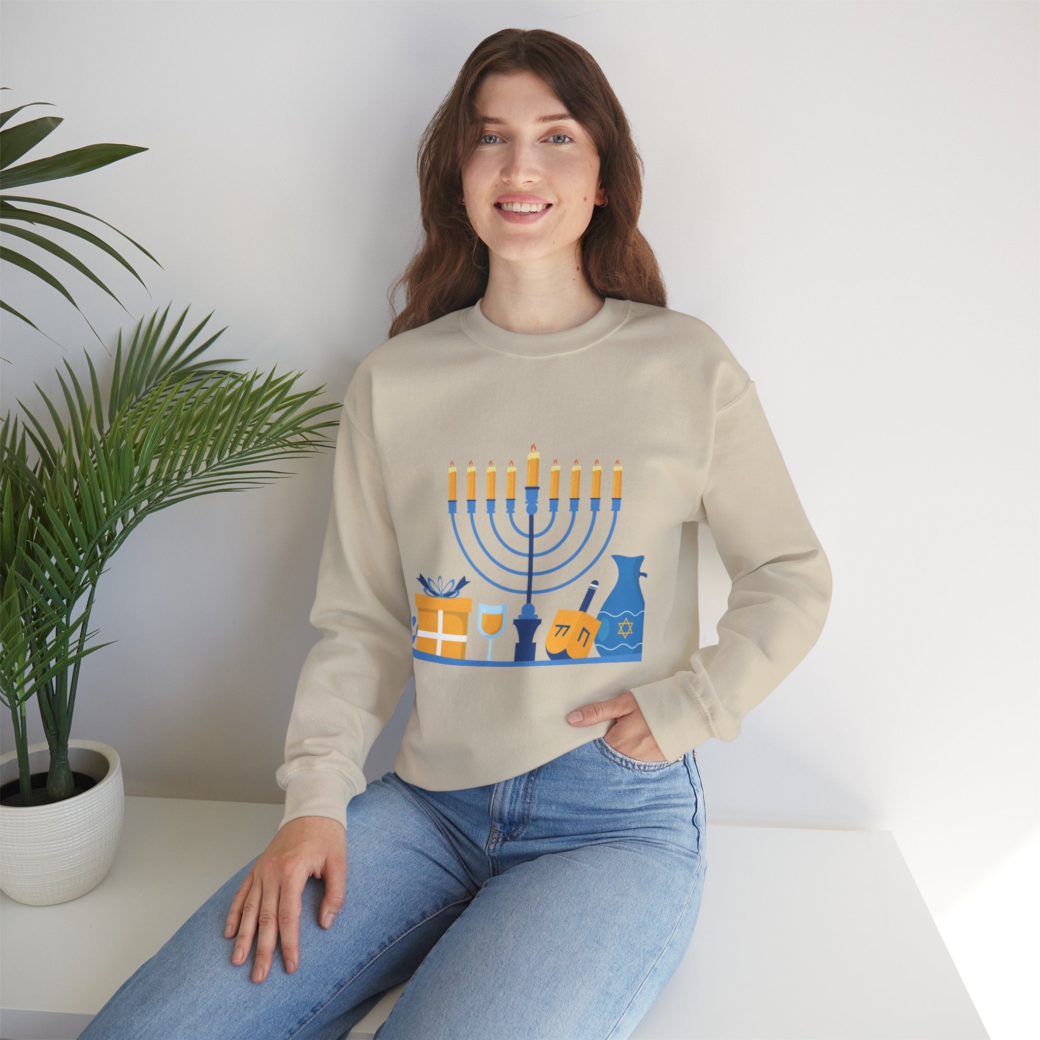 Hanukkah Crewneck Sweatshirt — Menorah, Dreidel & ‘Happy Hanukkah’ Holiday Sweater